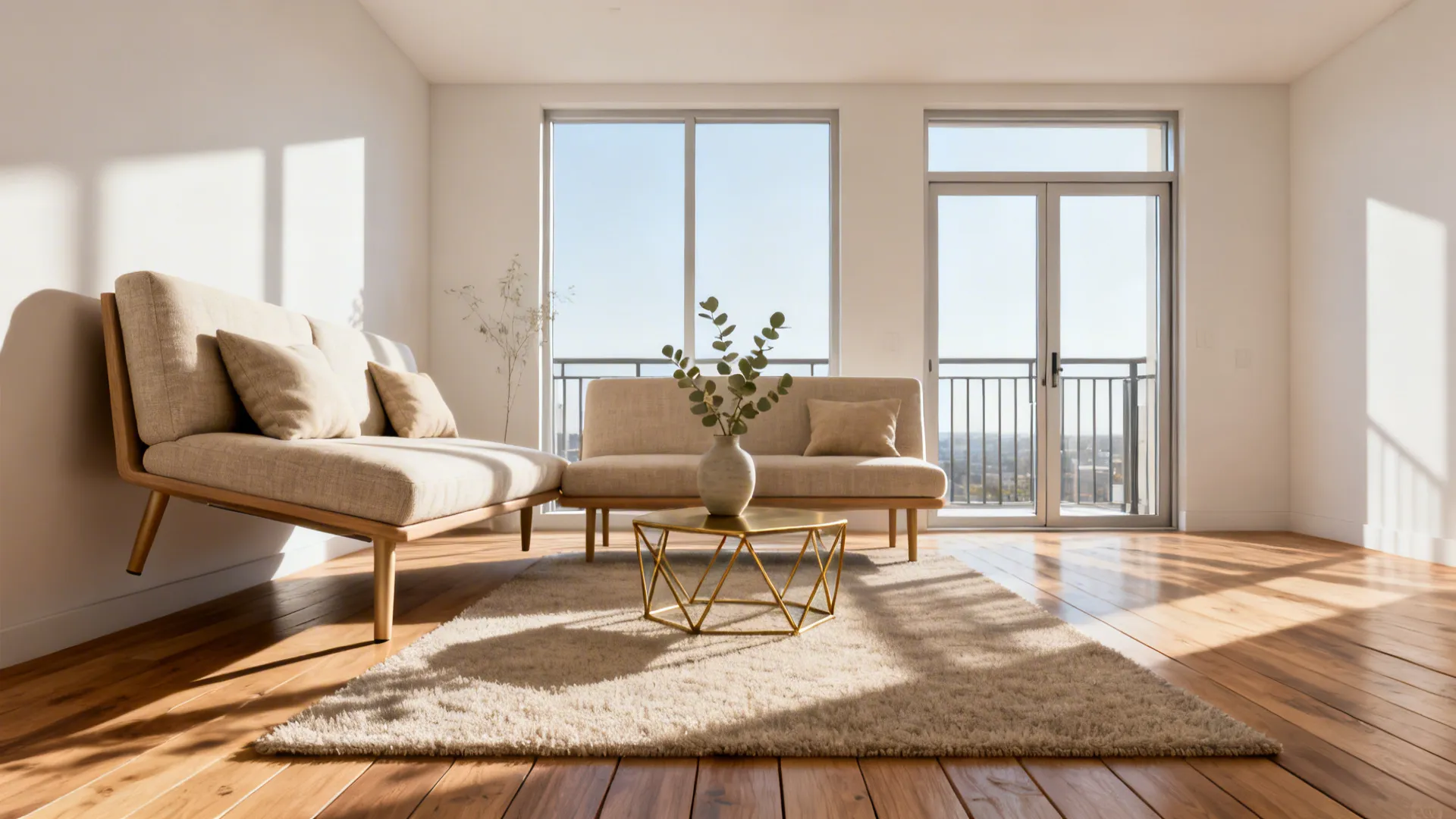 Living room showing sofa pulled away from wall creating a clear pathway to balcony