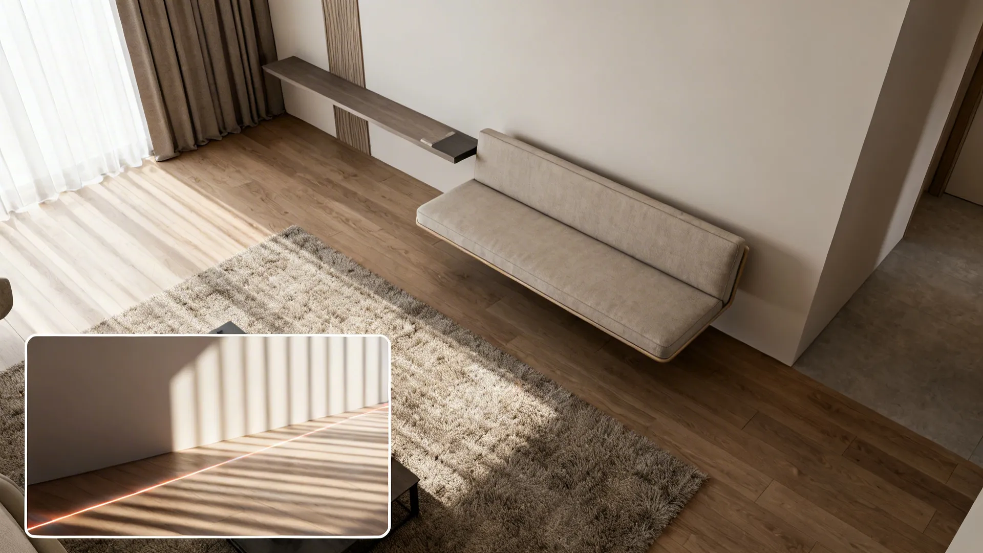 Top-down view of a small living room with a floated sofa and narrow console, showing clear circulation paths.