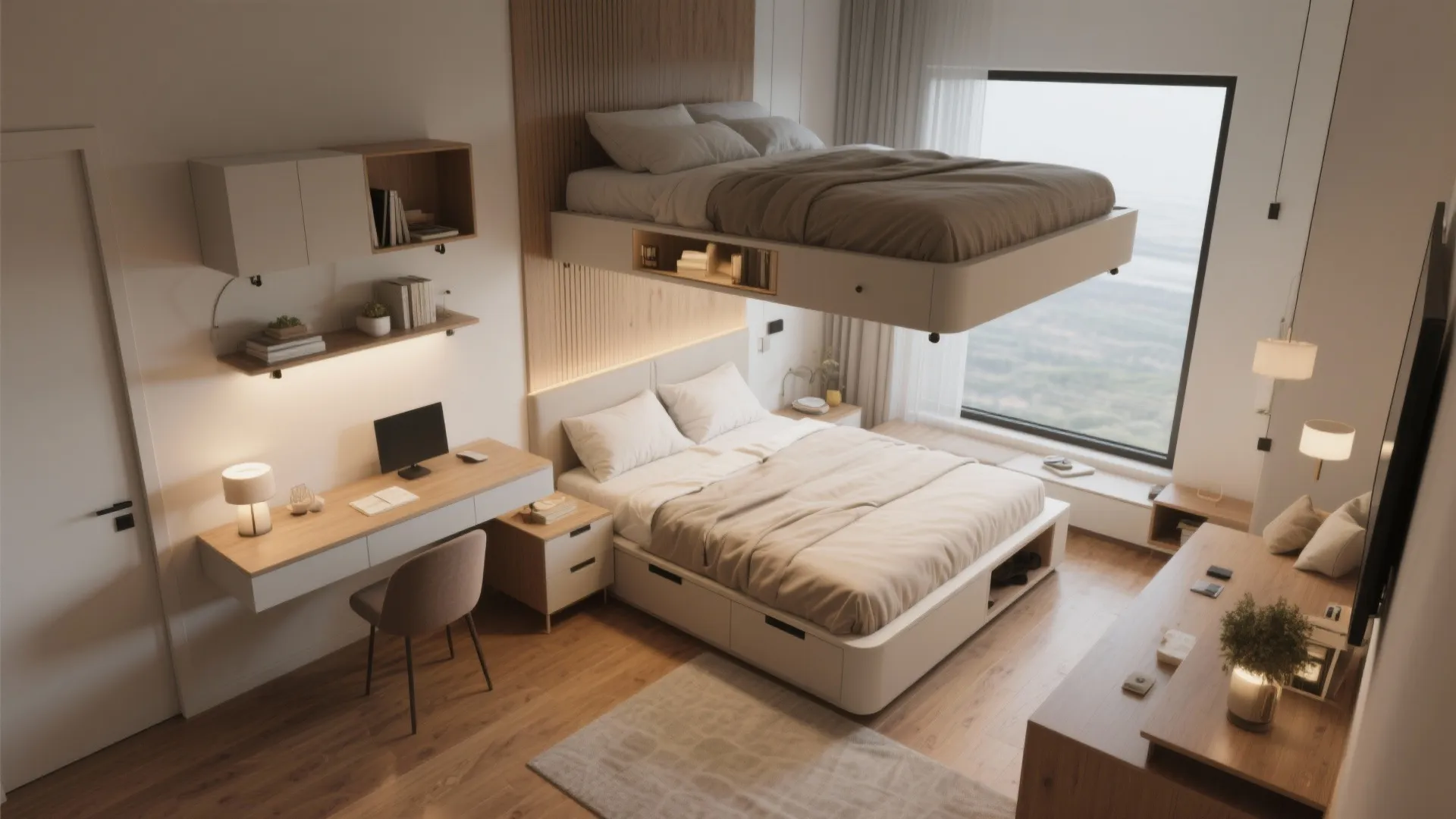 Modern bedroom with a floating bed over another bed and a desk with a chair