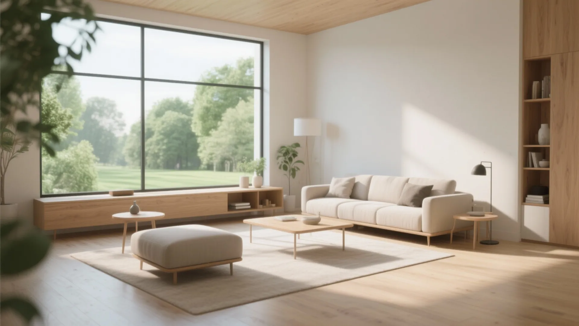 Bright living room with white sofa wooden coffee table floor light and large garden view windows