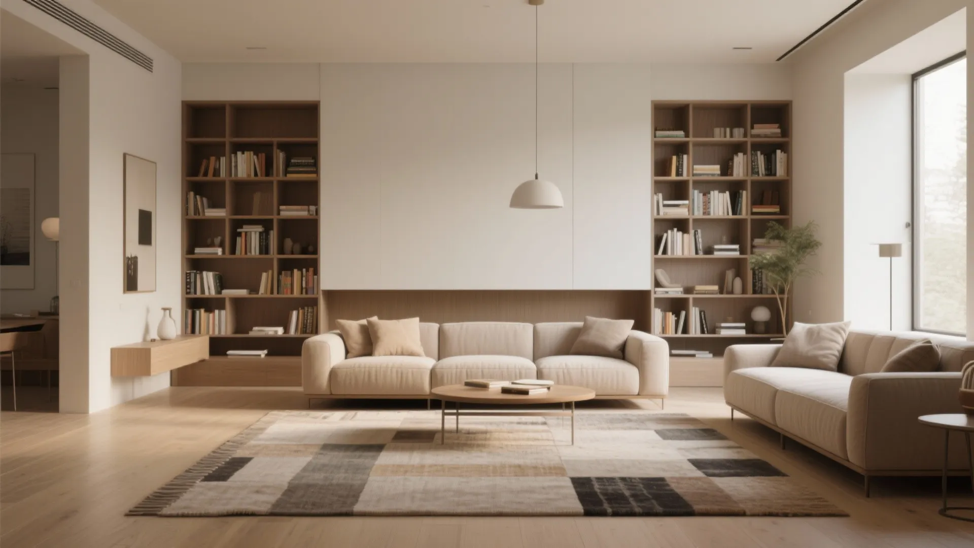 Minimalist living room layout with two cream sofas wooden bookshelves patterned rug and ceiling light