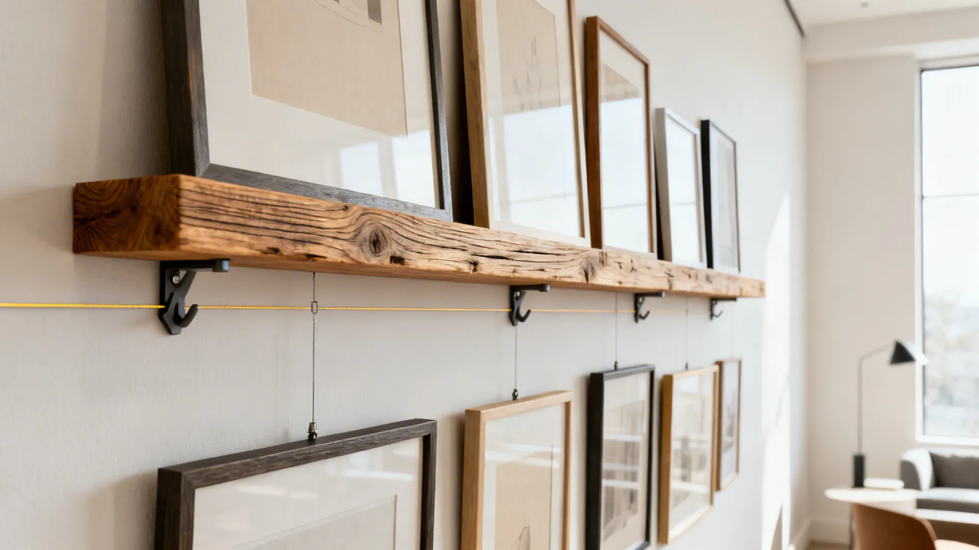 Slim floating wooden gallery rail with multiple reclaimed-pine frames hung neatly on a narrow living room wall.