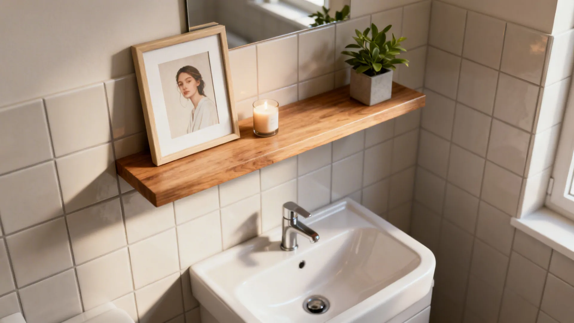 Floating vanity-height shelf with a framed print, candle, and plant above a small sink.