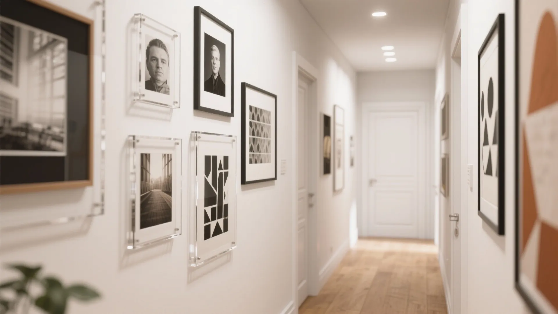 Modern hallway with black and clear picture frames on white walls and light wood flooring