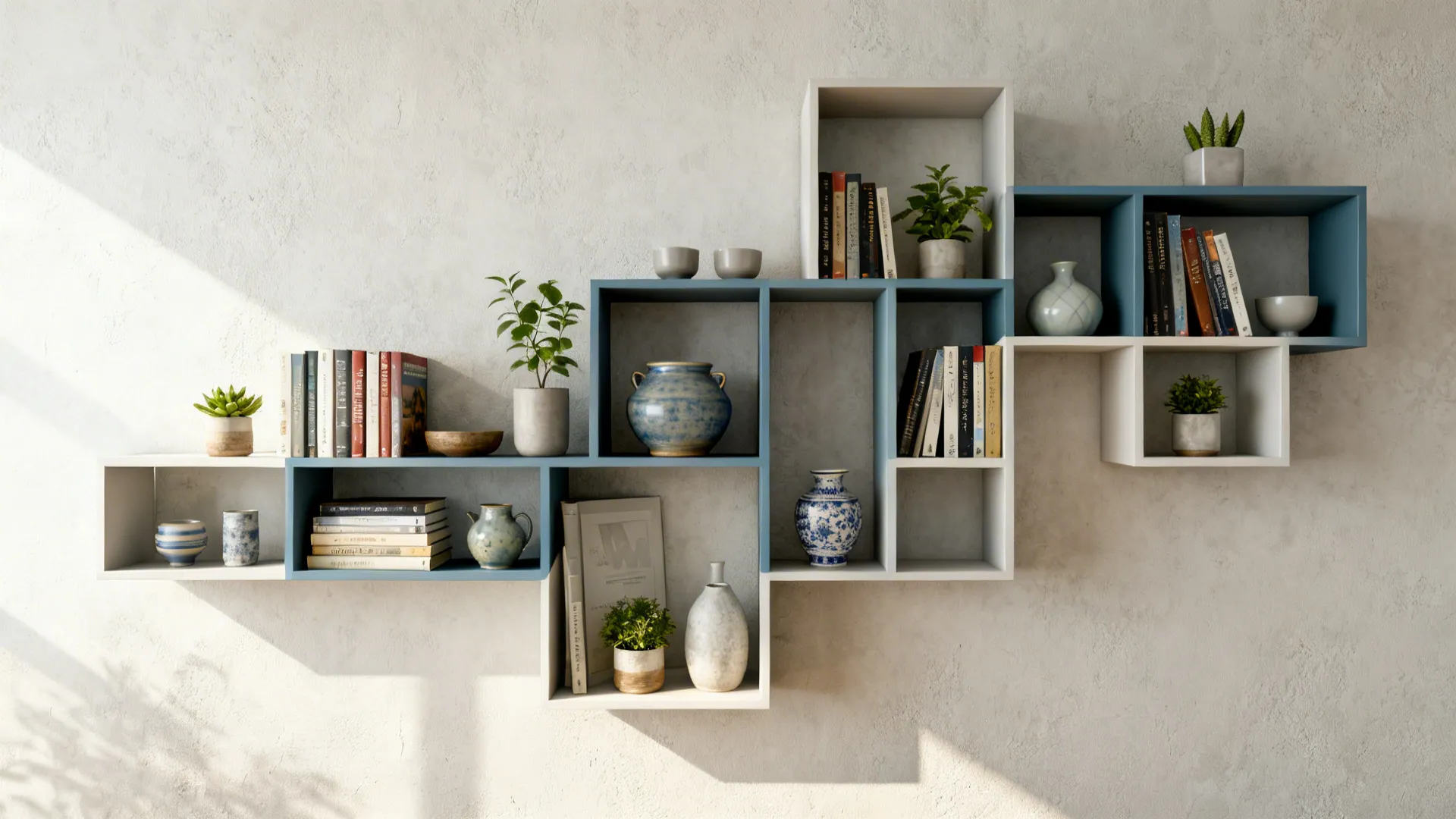 Asymmetric floating geometric shelves on a living room wall holding books, ceramics and small plants.