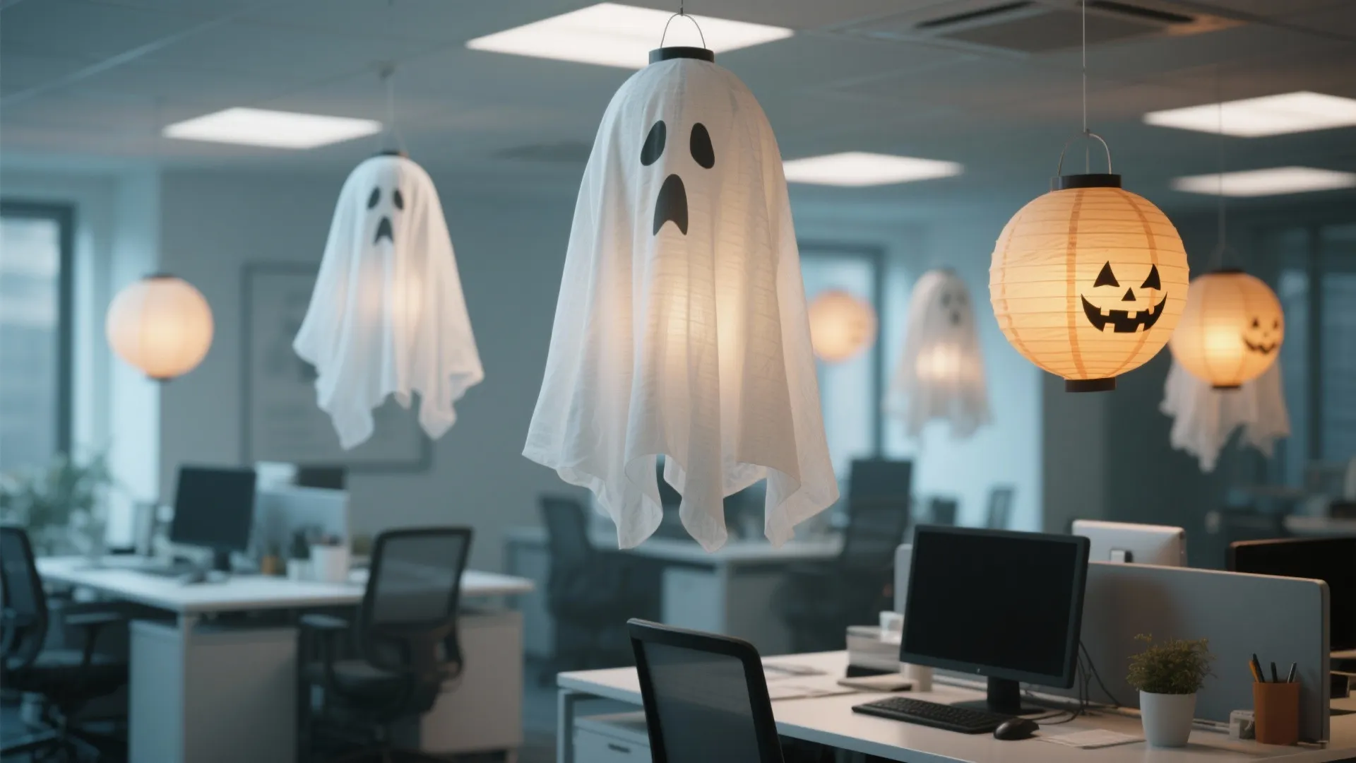 White ghost lanterns and orange pumpkin lights hanging from the ceiling in a modern office