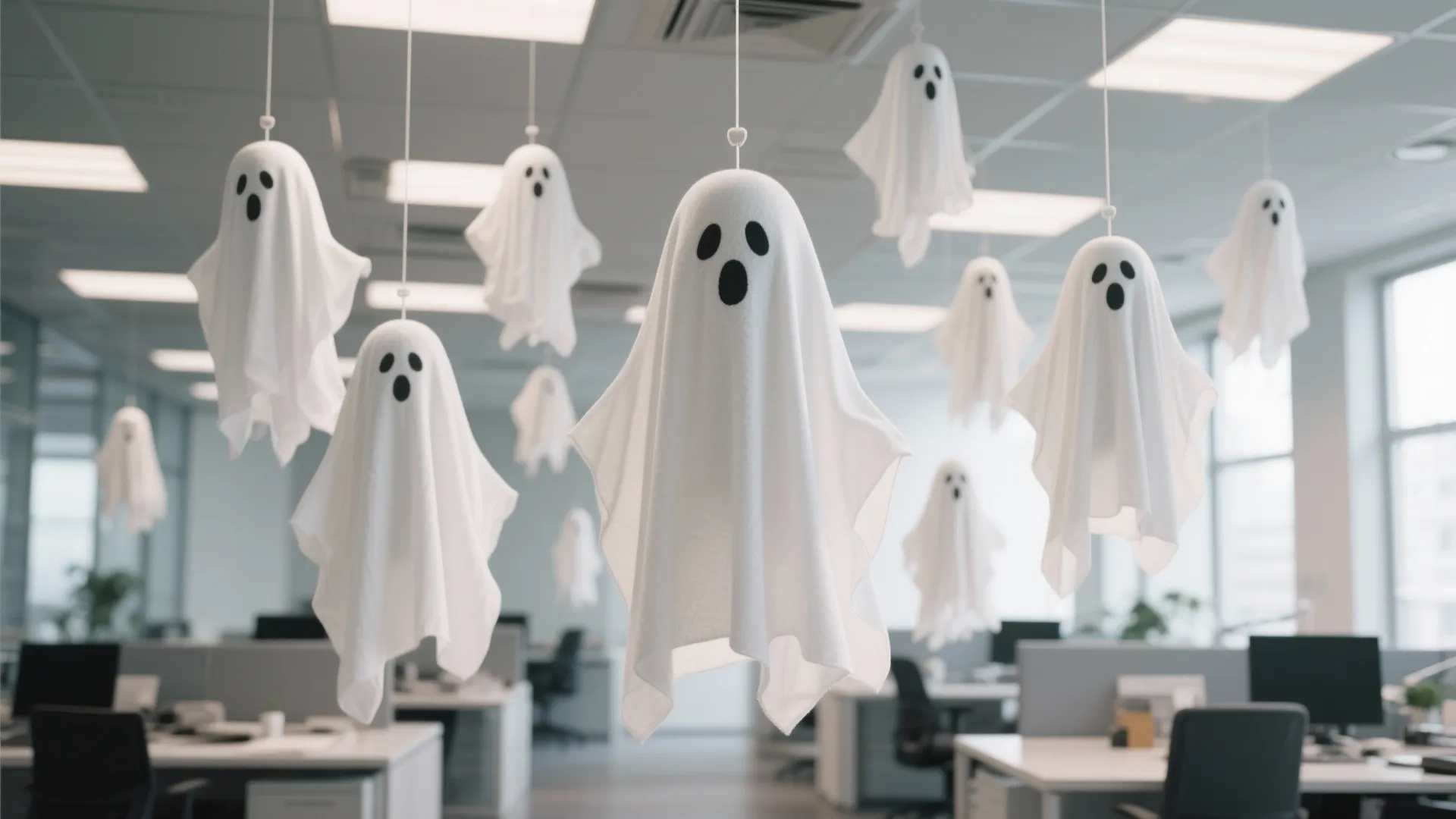 Modern office interior with white ghost decorations hanging from ceiling for a fun Halloween theme