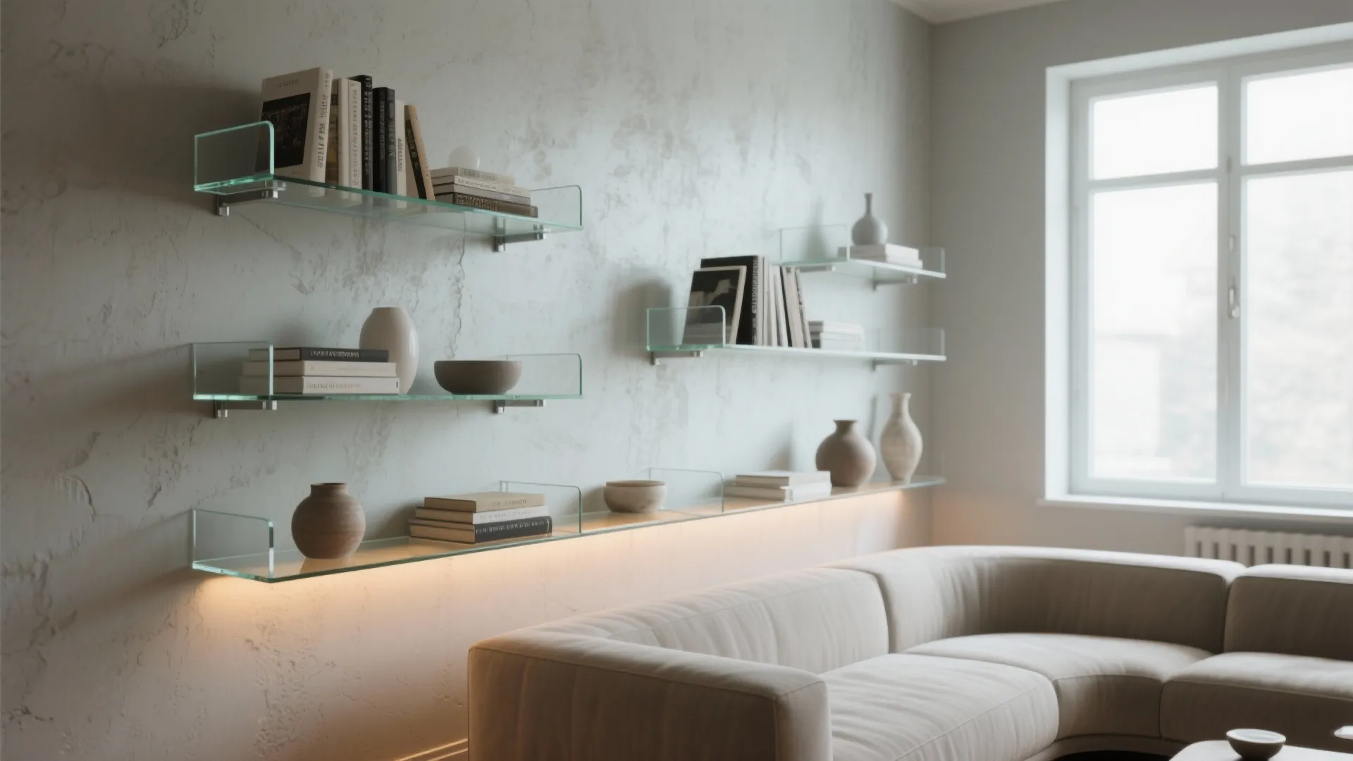 Glass wall shelves with books and vases above a cream sofa in a minimalist room