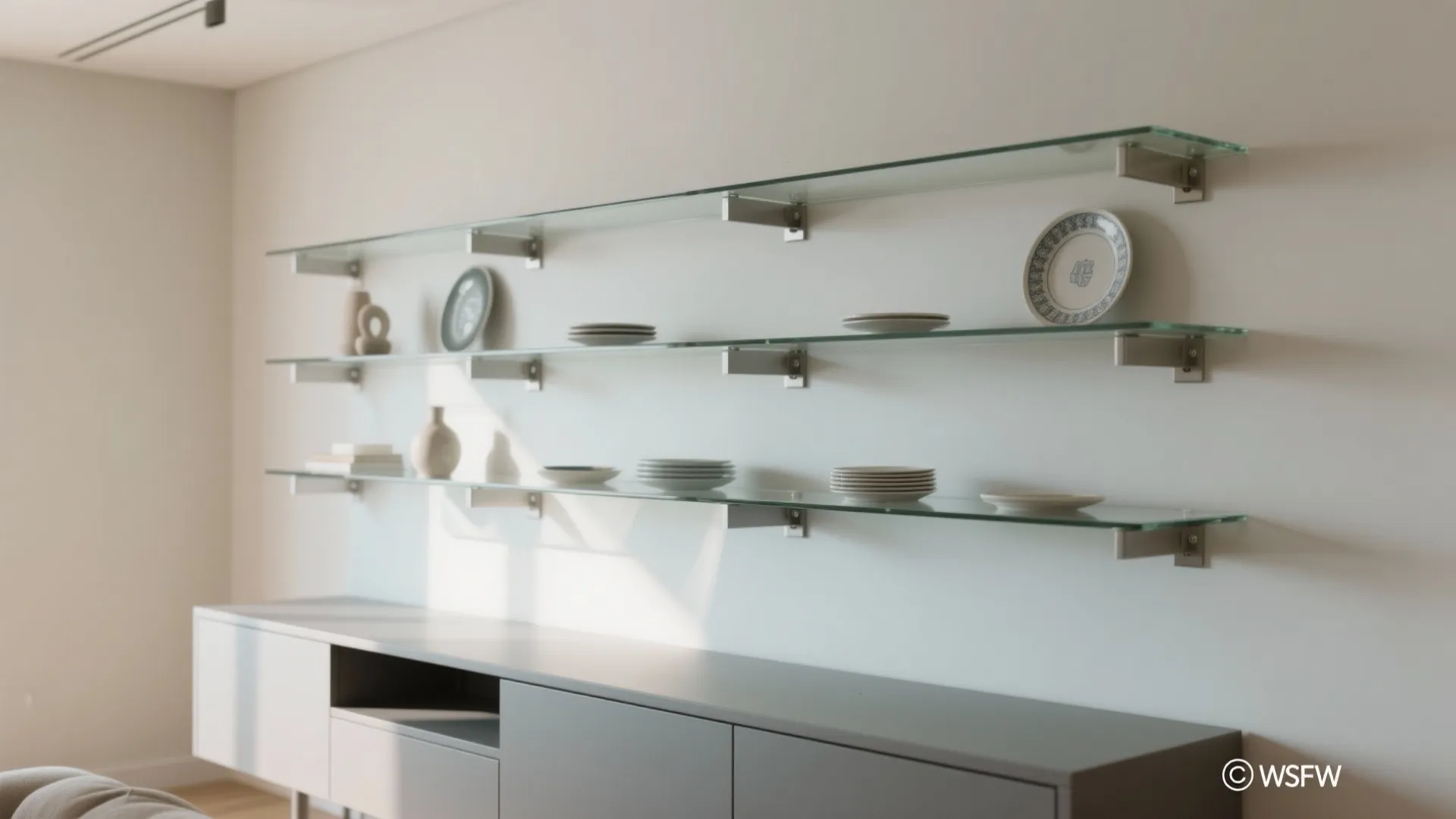 Floating Glass Shelves with a Slim Base