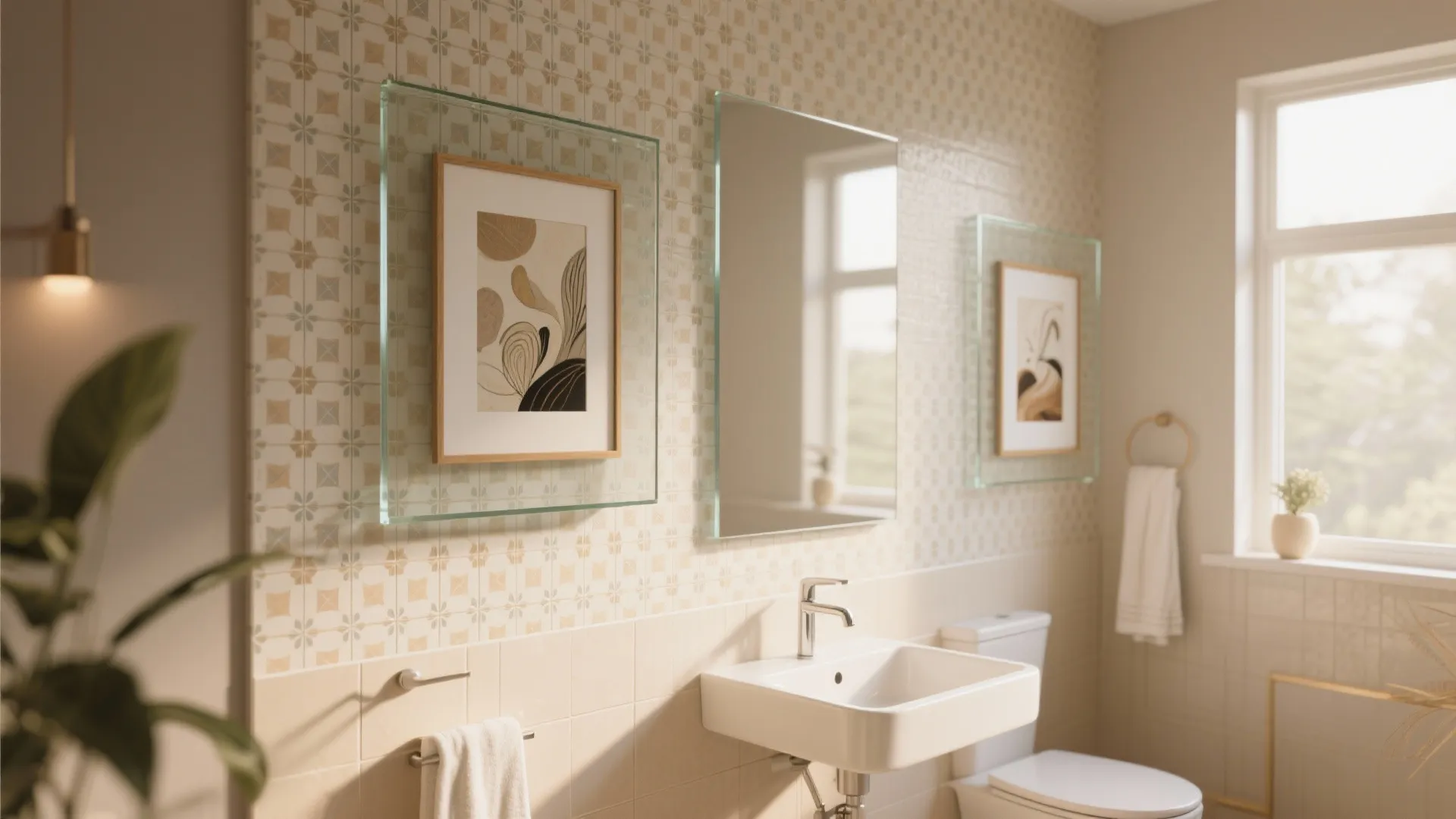Bright bathroom interior with white sink mirror patterned wall tiles and floating glass frame art