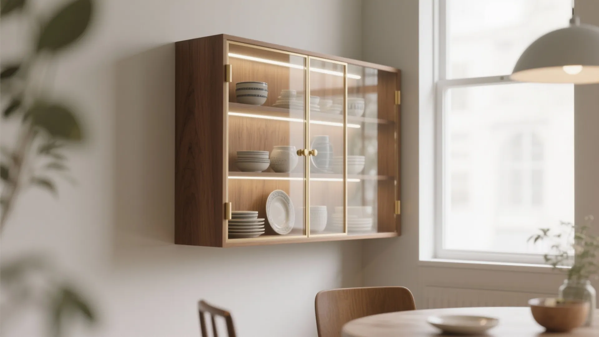 1. Floating corner cabinet with glass doors