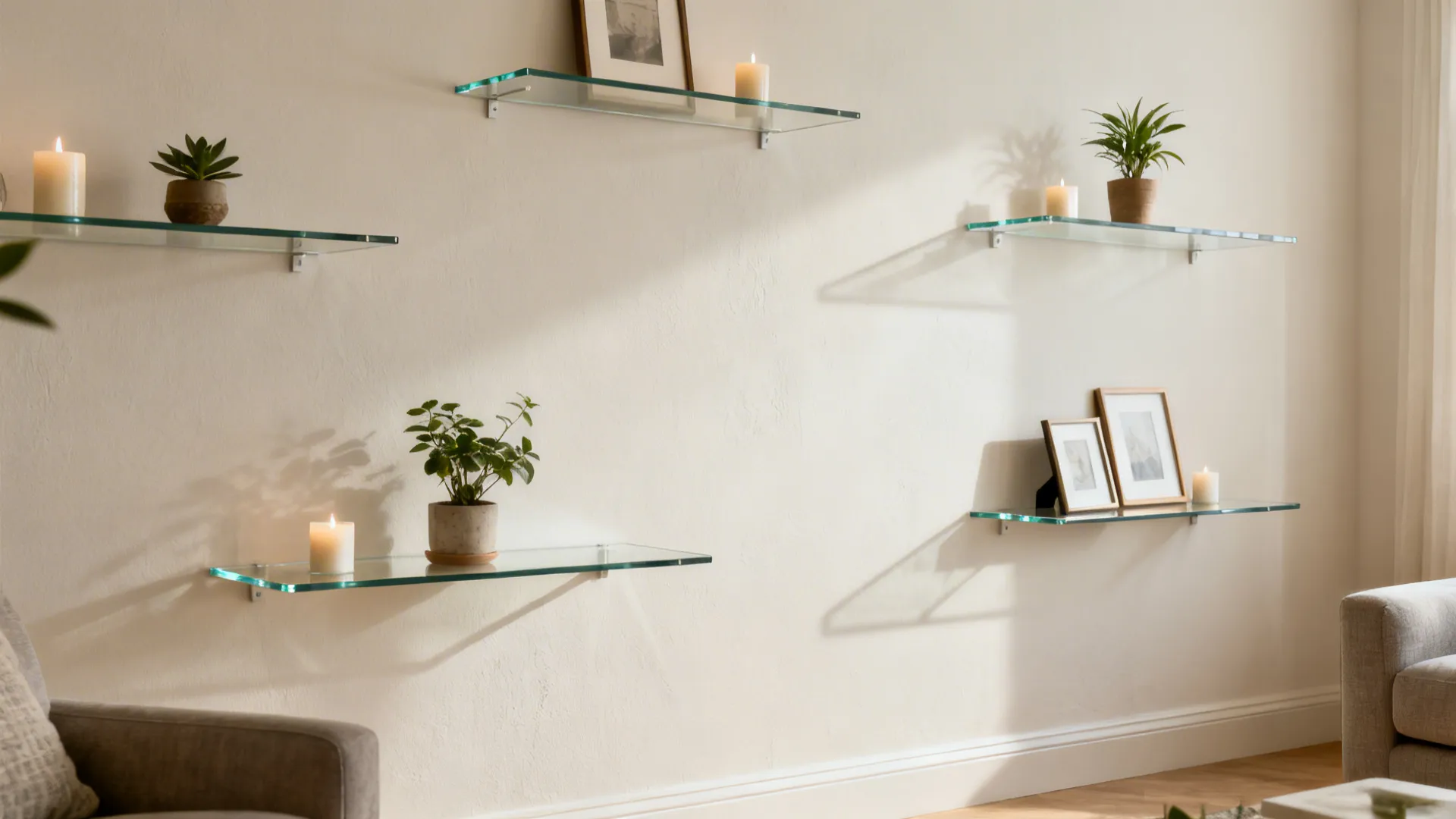 Floating low-iron glass ledges with invisible brackets displaying small decor items.