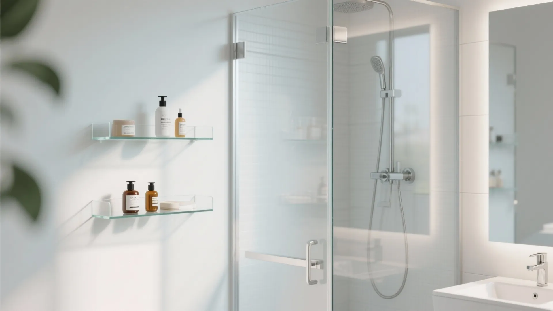 Modern white bathroom with two floating glass shelves holding soap bottles beside a glass shower