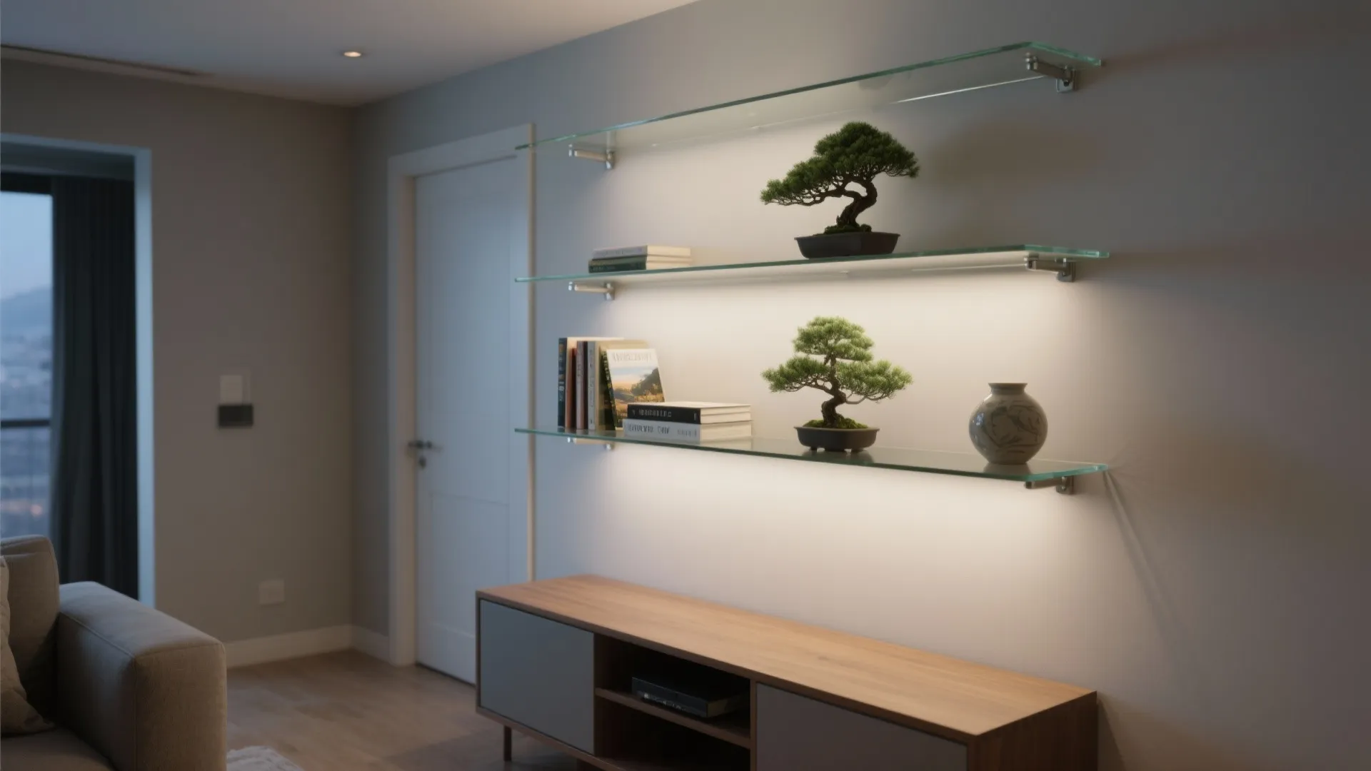 Modern living room wall with backlit glass shelves holding green plants above a wooden cabinet
