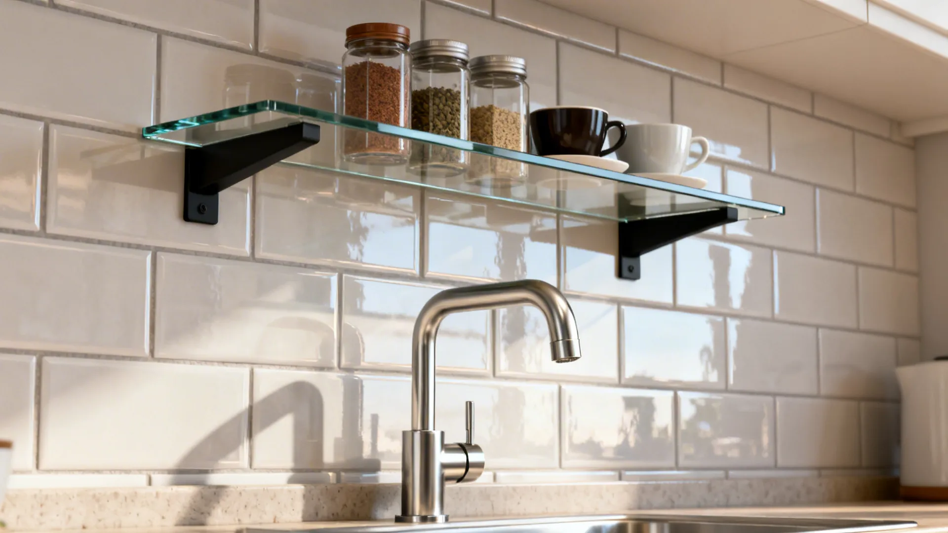 Floating low-iron glass shelf above a backsplash holding jars and espresso cups in a bright kitchen.