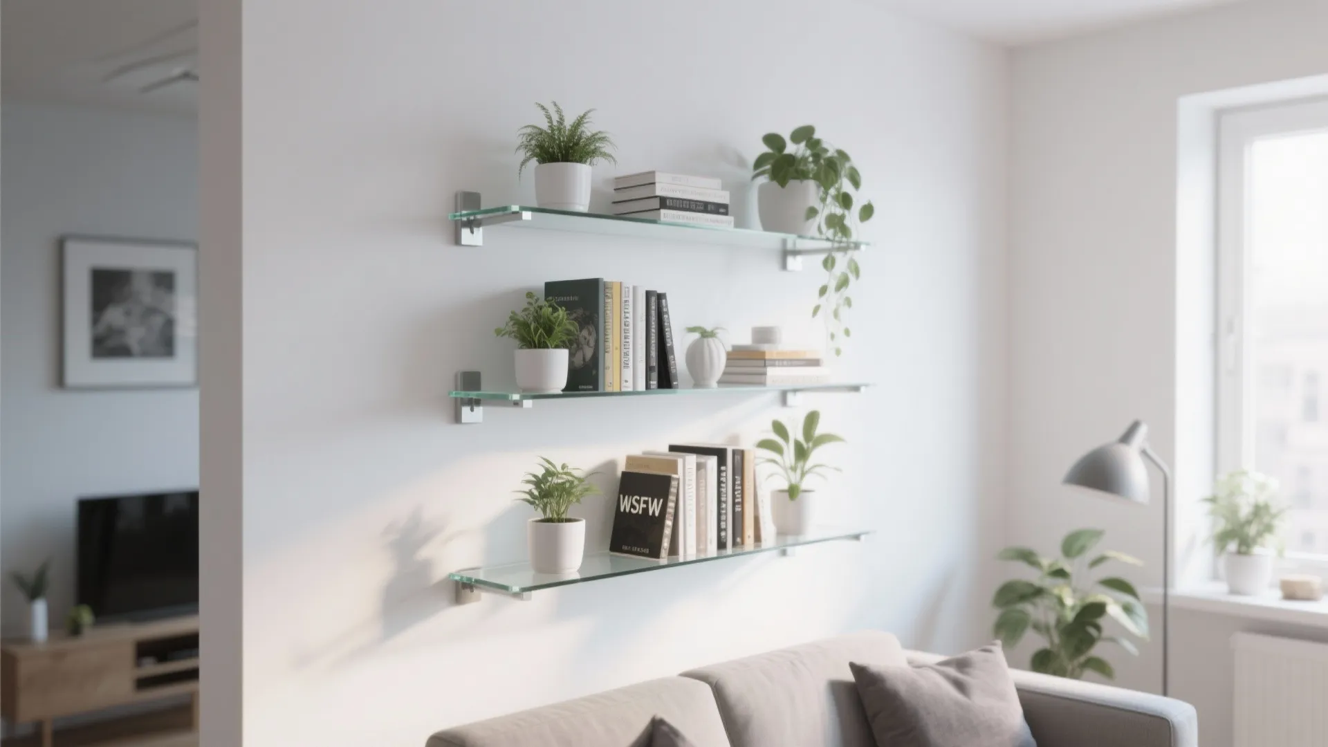 Floating glass shelves with plants and books in modern apartment