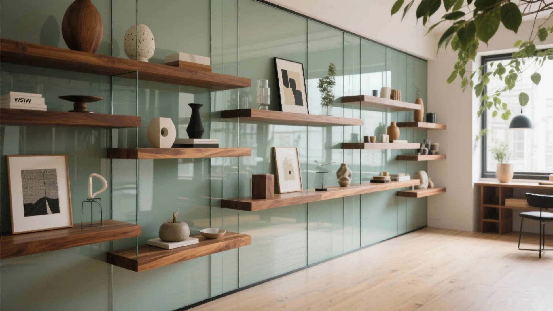 Modern wall design with wooden floating shelves against a light green glass panel background wall