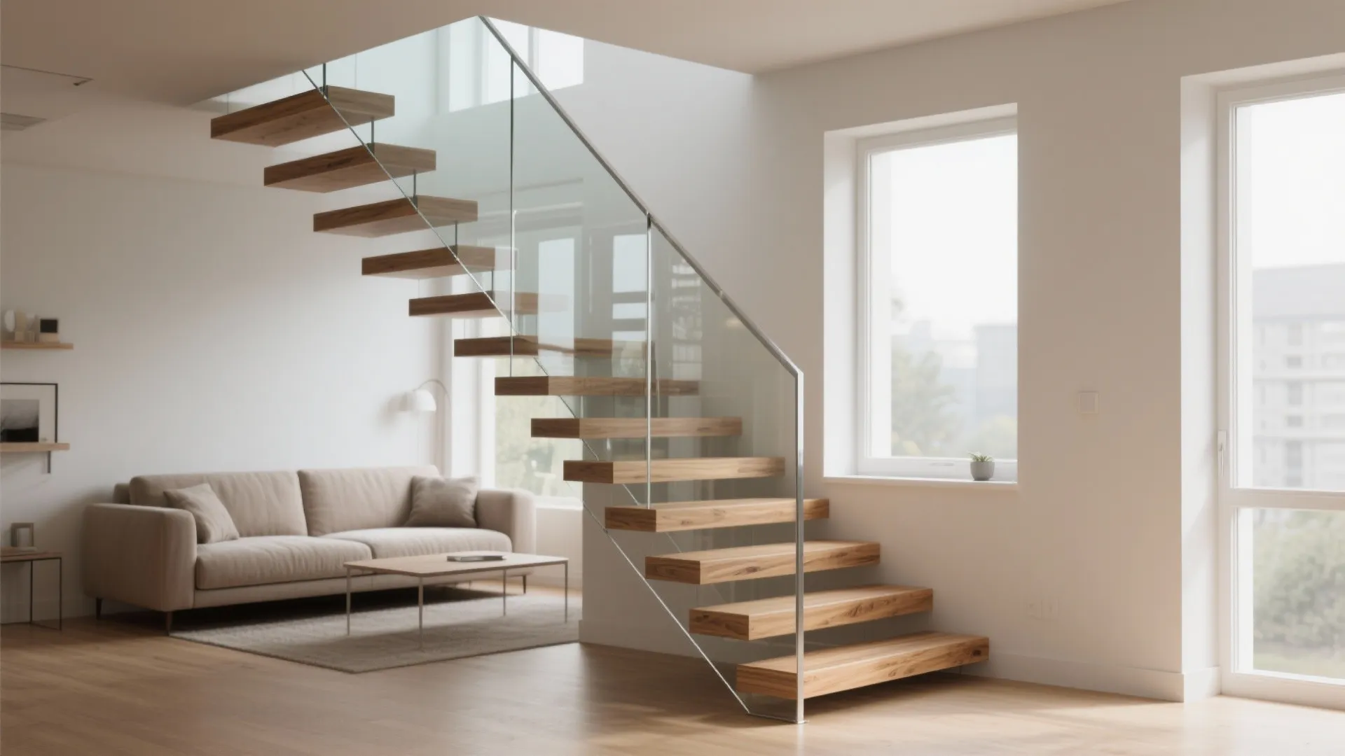 Floating stairs with clear balustrade