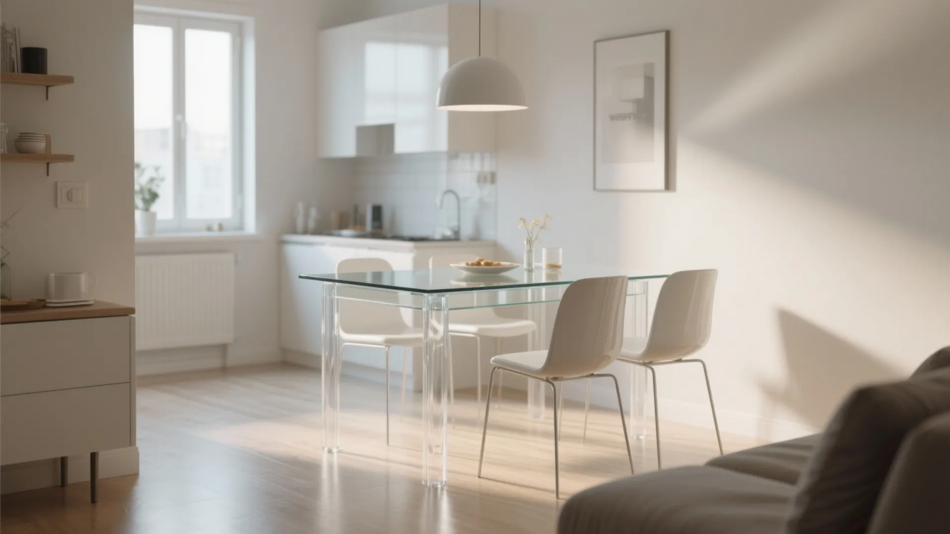Modern white kitchen with transparent glass dining table four white chairs and round white ceiling light