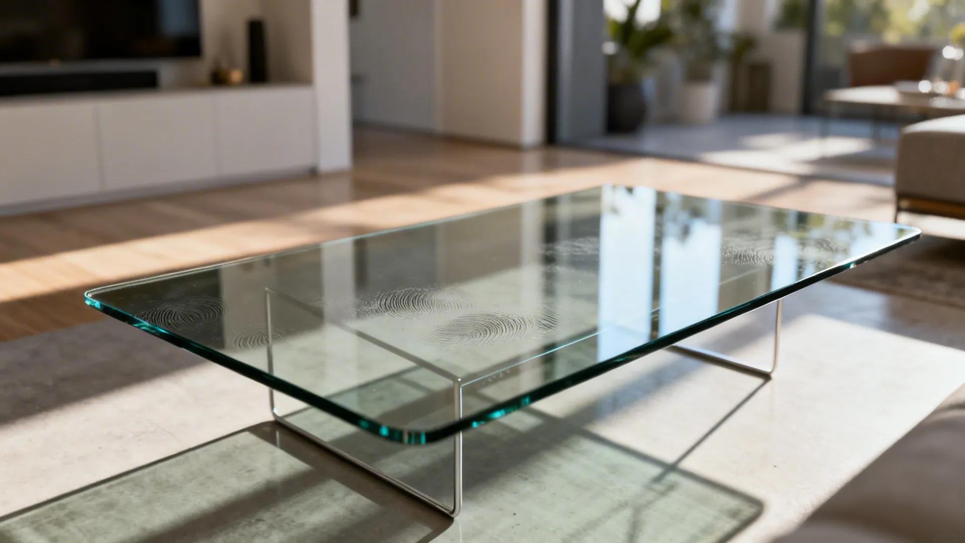 Floating tempered glass coffee table with a slim metal frame in a compact modern living room.