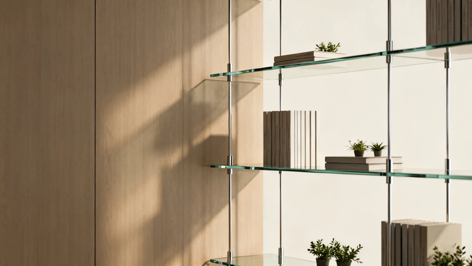 Minimalist corner with floating tempered-glass tiers mounted on slim stainless-steel brackets.