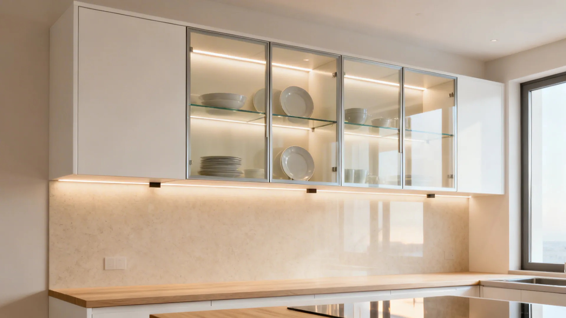 Slim floating glass-front upper cabinets with soft interior LEDs in a small kitchen.