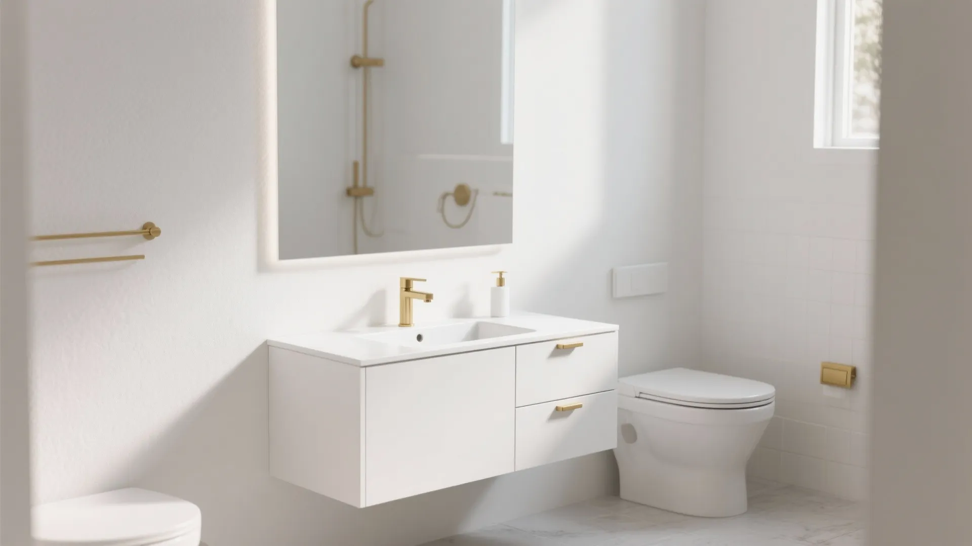 Modern white bathroom featuring floating cabinet with gold handles gold faucet mirror and white toilet