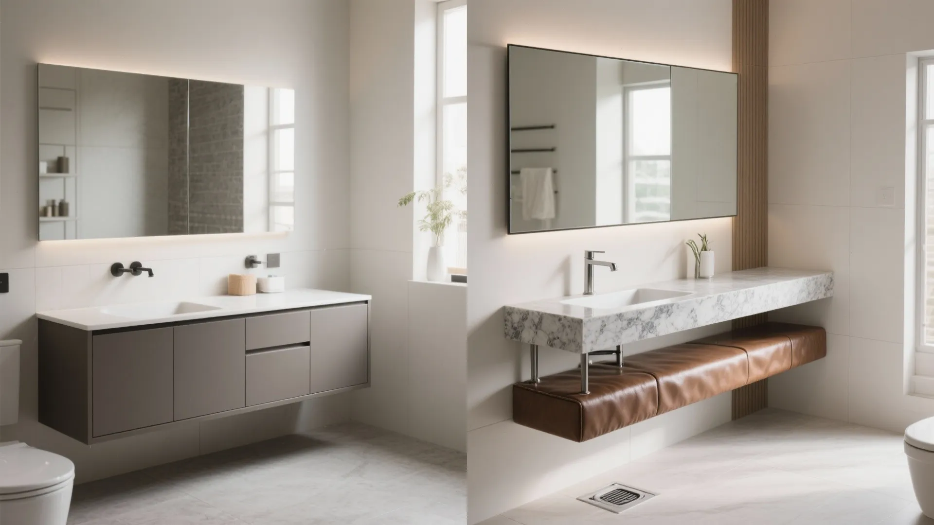 Before-and-after showing bulky cabinet replaced by a floating granite ledge with an under-mounted basin.