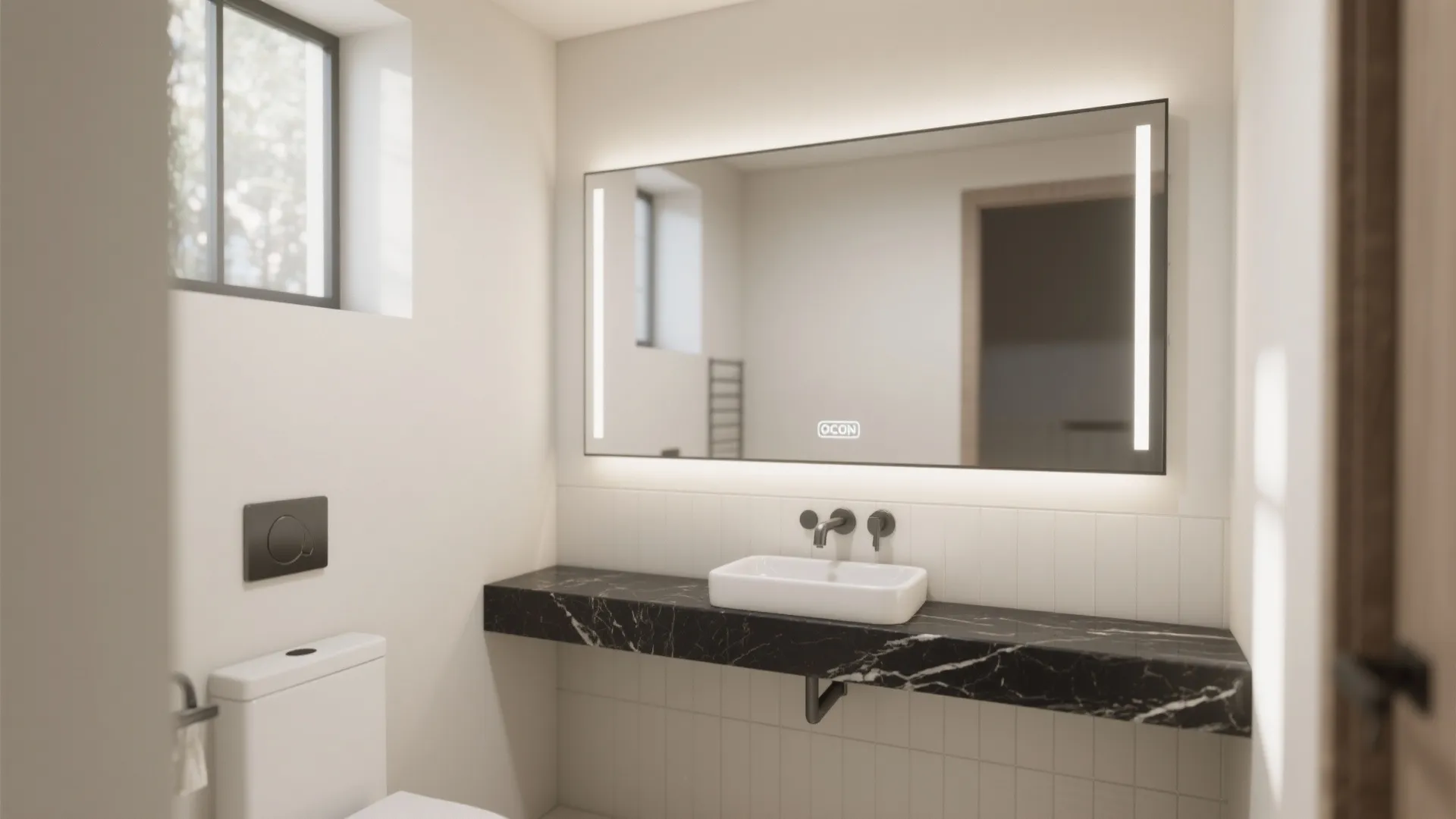 2. Floating granite shelf for a compact powder room