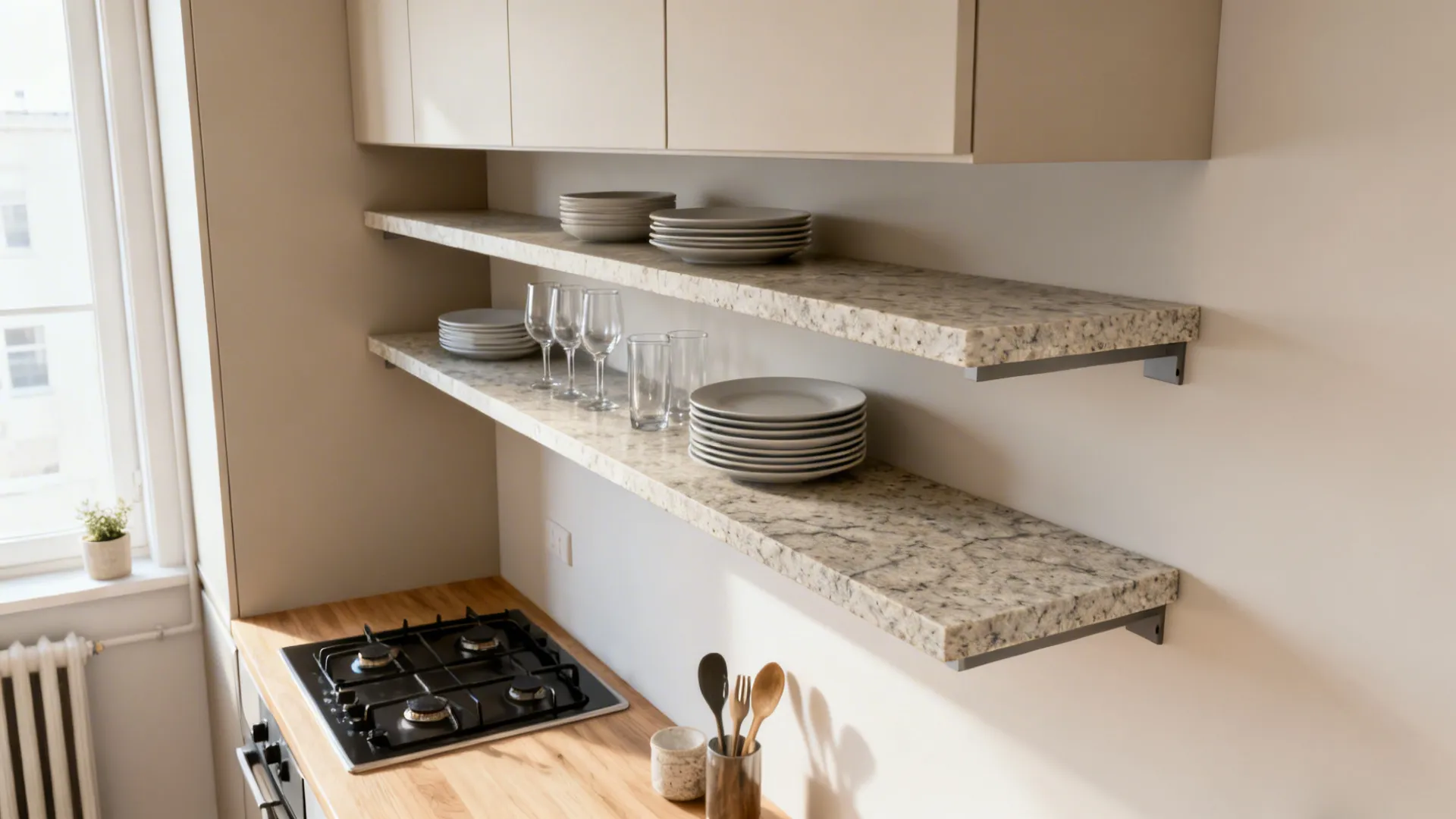 Small kitchen with two floating granite shelves displaying plates and glasses, creating an open airy feel.