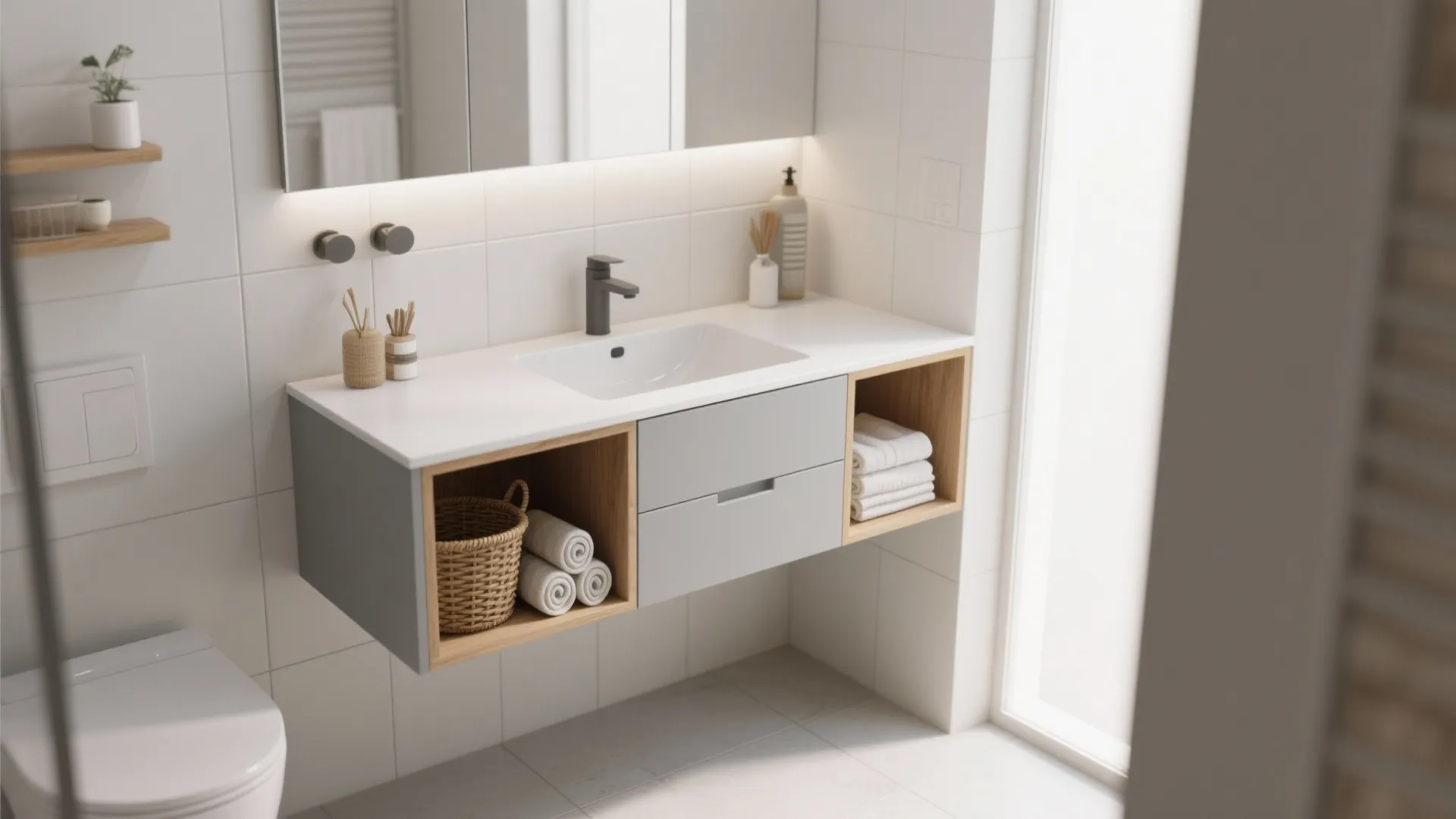 1. Floating light gray vanity with open shelf