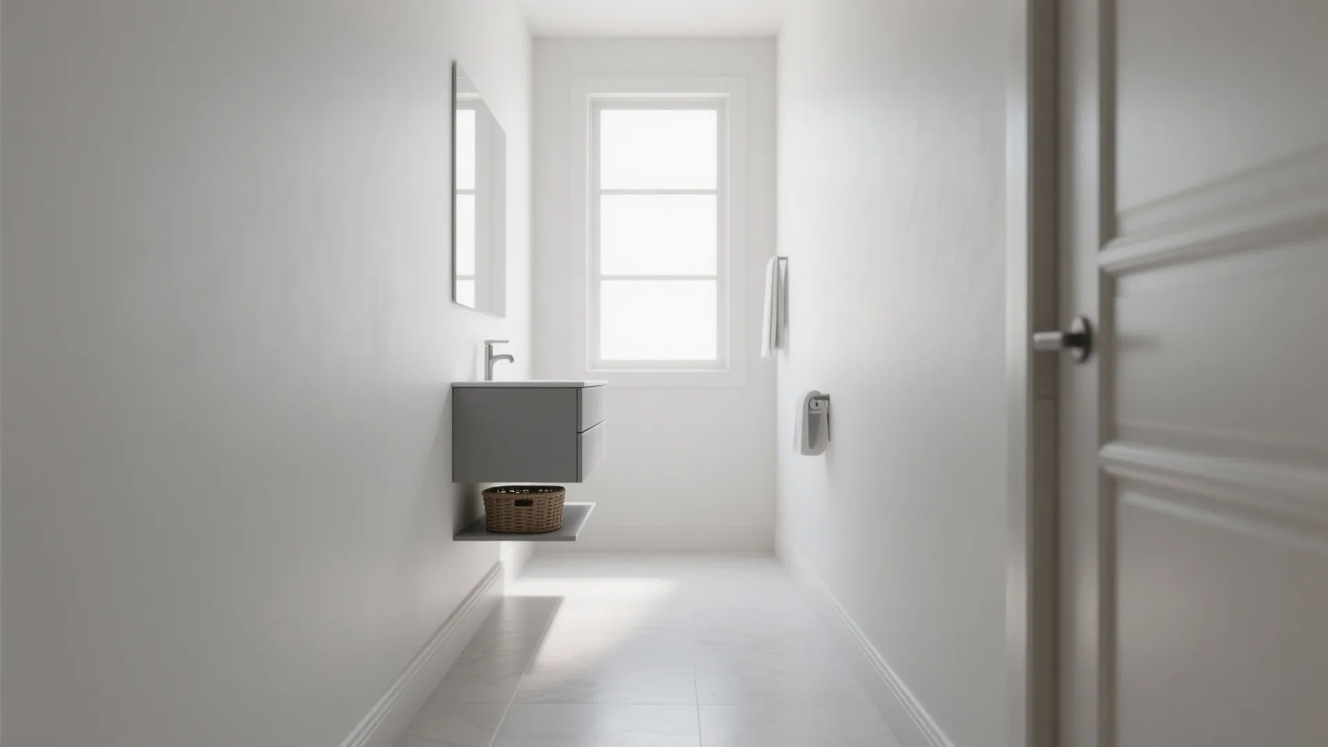 Narrow white powder room with a floating gray vanity and visible floor space underneath.