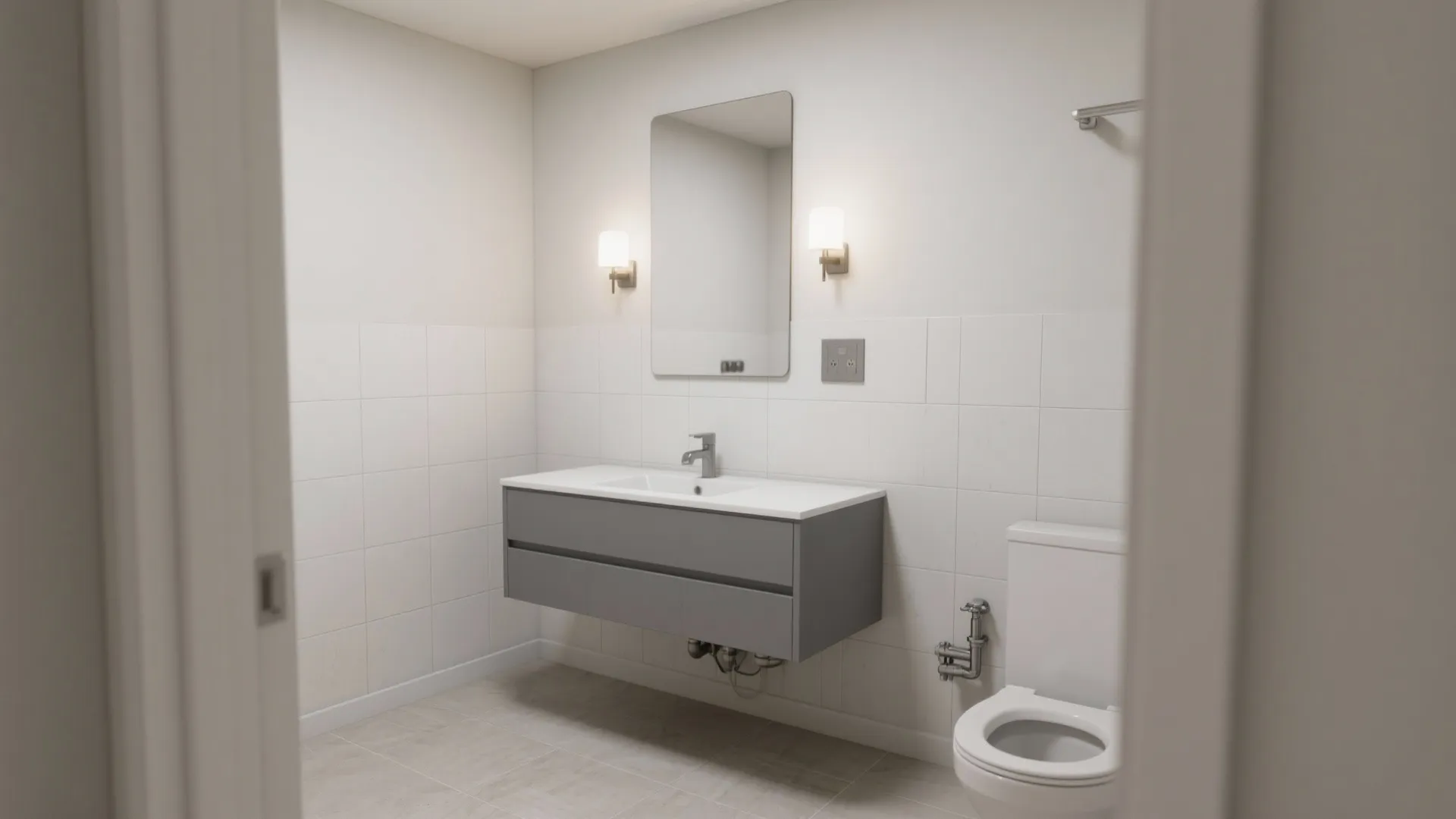 2. Floating 36" gray vanity to maximize floor space