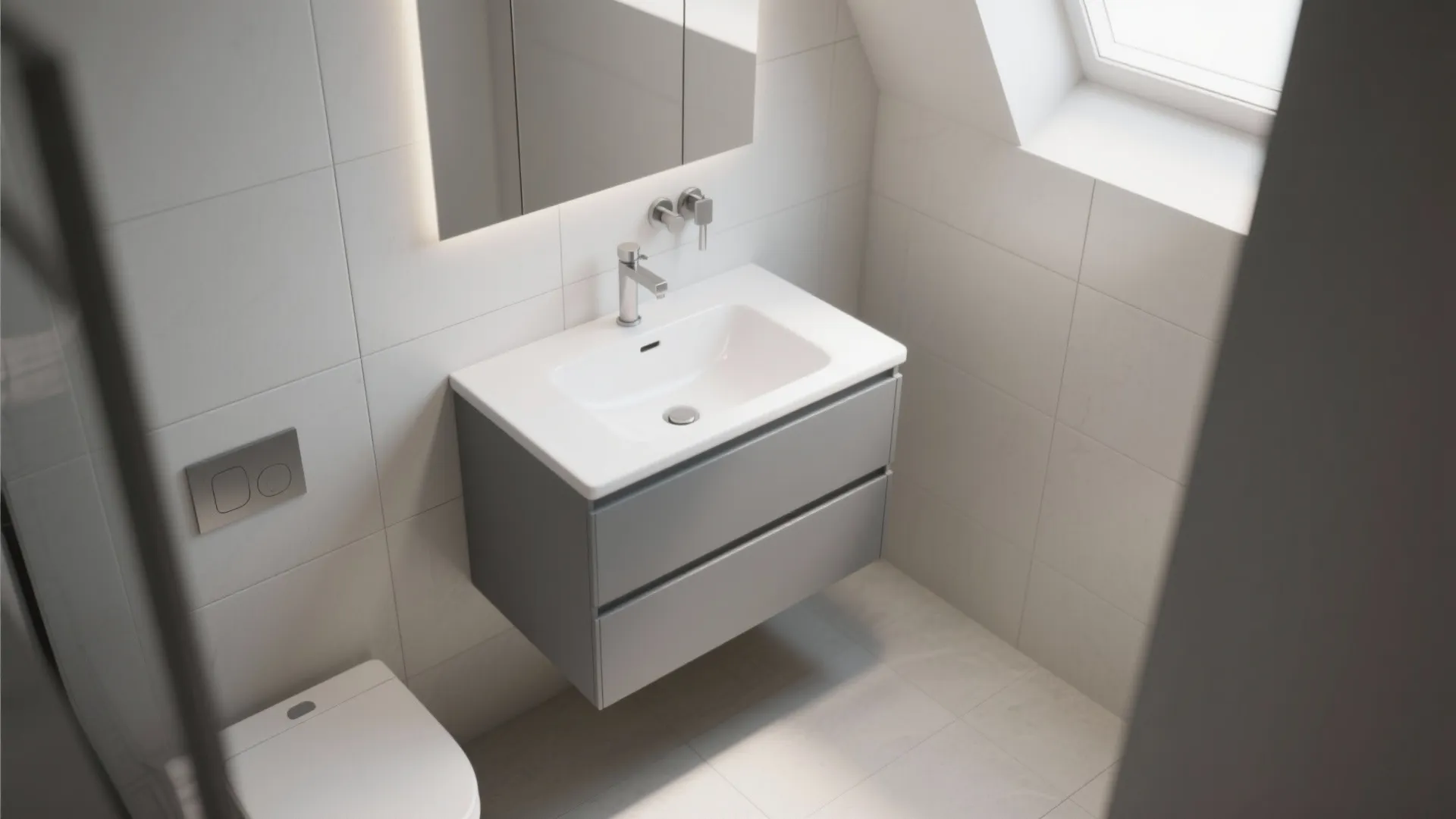 1. Floating gray vanity with integrated sink