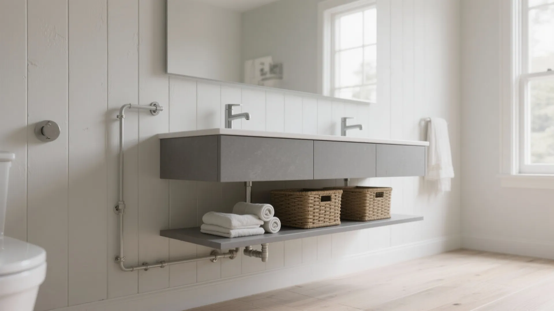 1. Floating Gray Vanity with Open Shelf