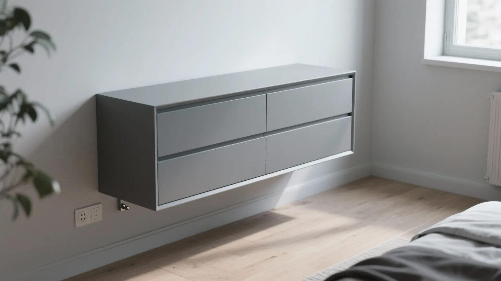 Wall-mounted floating grey dresser in a studio with visible floor space beneath.