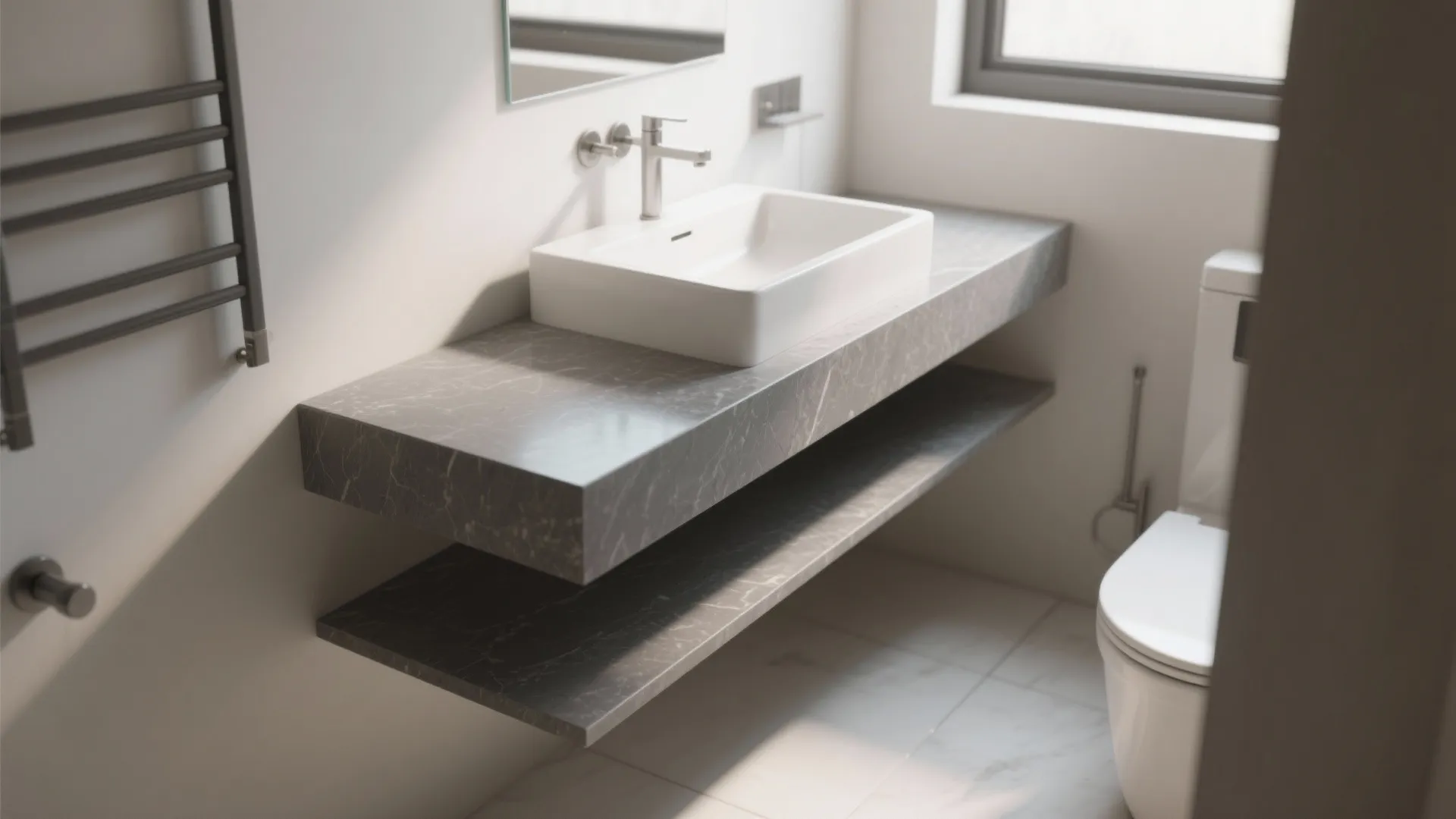 Floating vanity with a slim cantilevered grey quartz countertop and open storage underneath in a small bathroom.