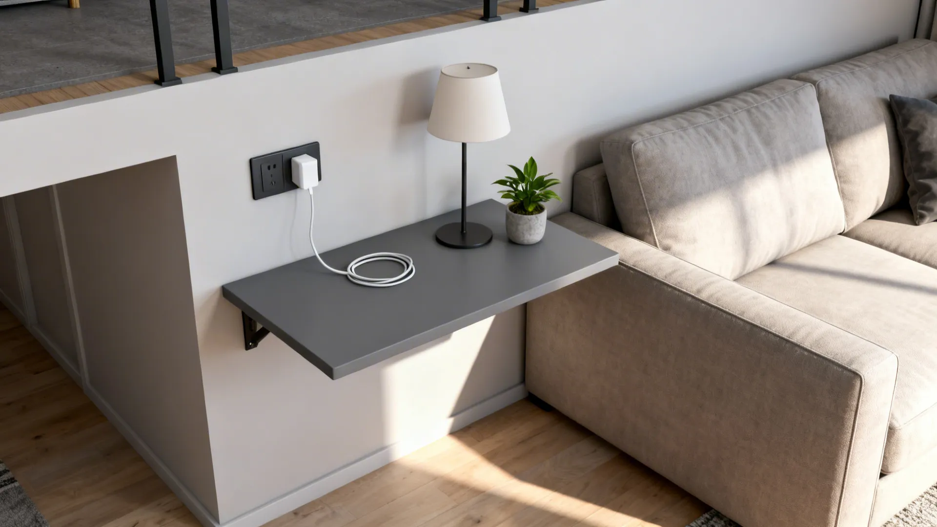 Wall-mounted floating grey shelf used as an end table with a charging cable and plant.
