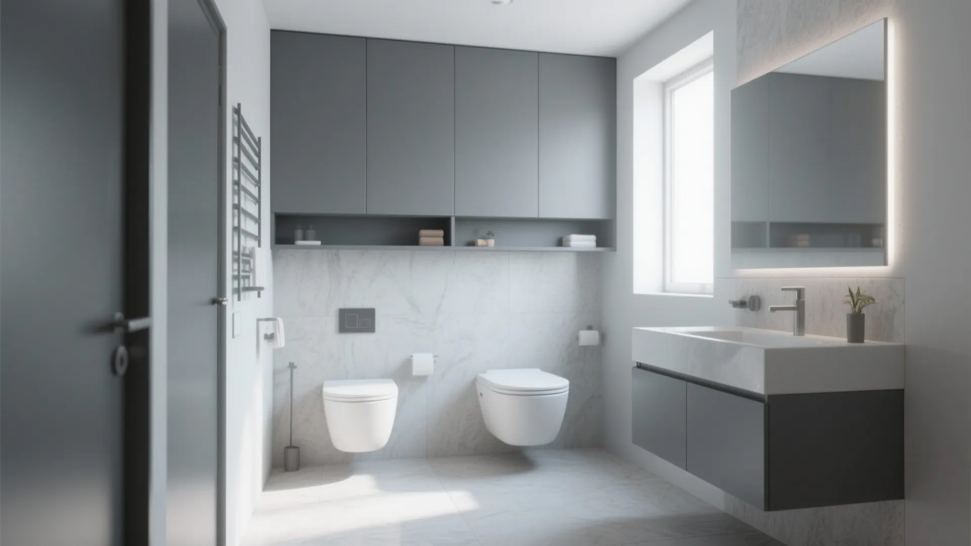 Modern grey bathroom with floating wall cabinets white sink two toilets and large window natural