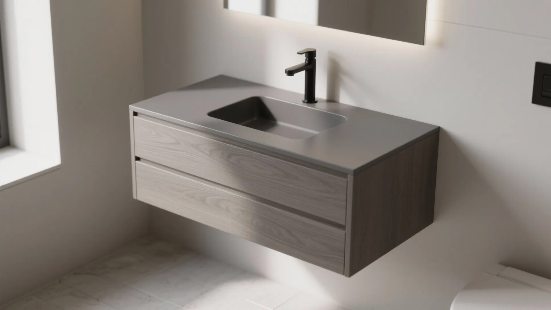Modern grey wood bathroom wall cabinet with grey sink and black tap against white wall