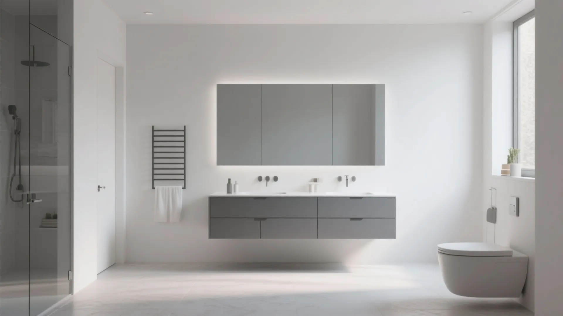 Minimalist modern bathroom with grey floating cabinet large mirror white toilet and bright natural light