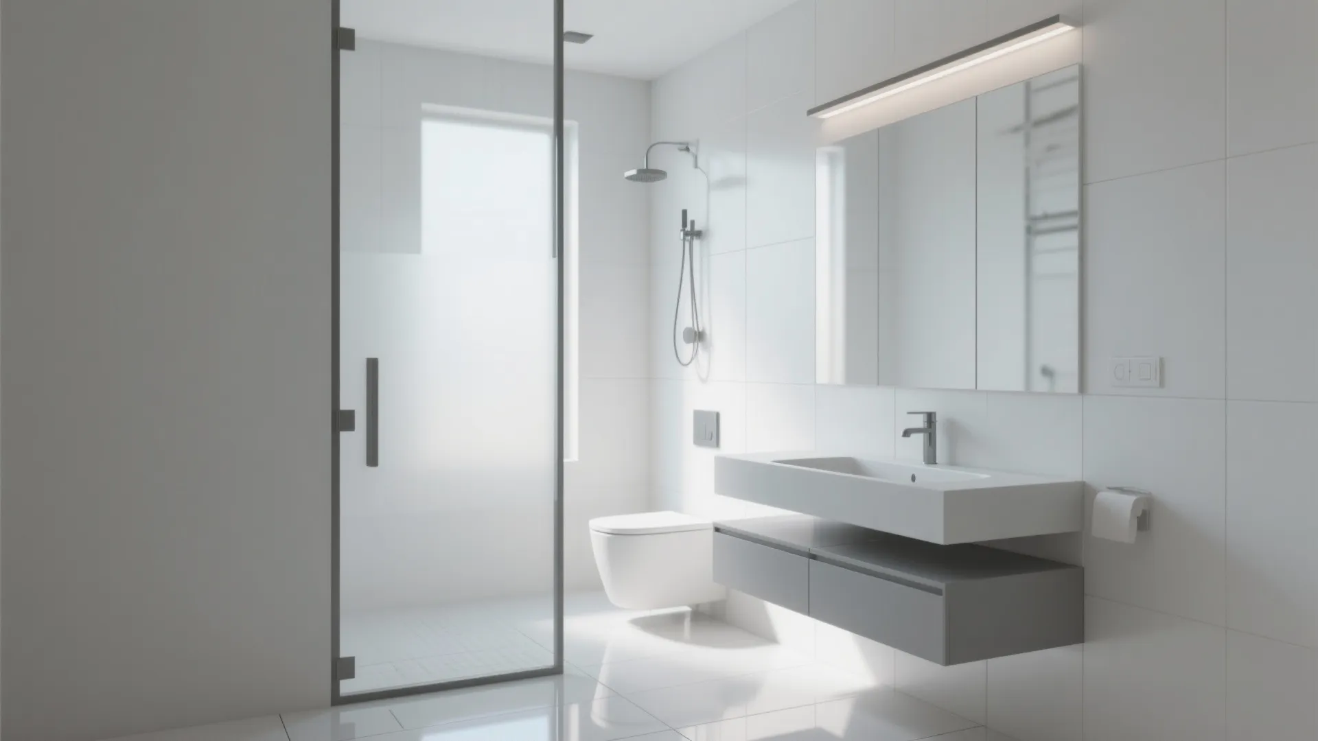 Bright bathroom interior design with glass shower door white toilet and grey wall hung cabinet