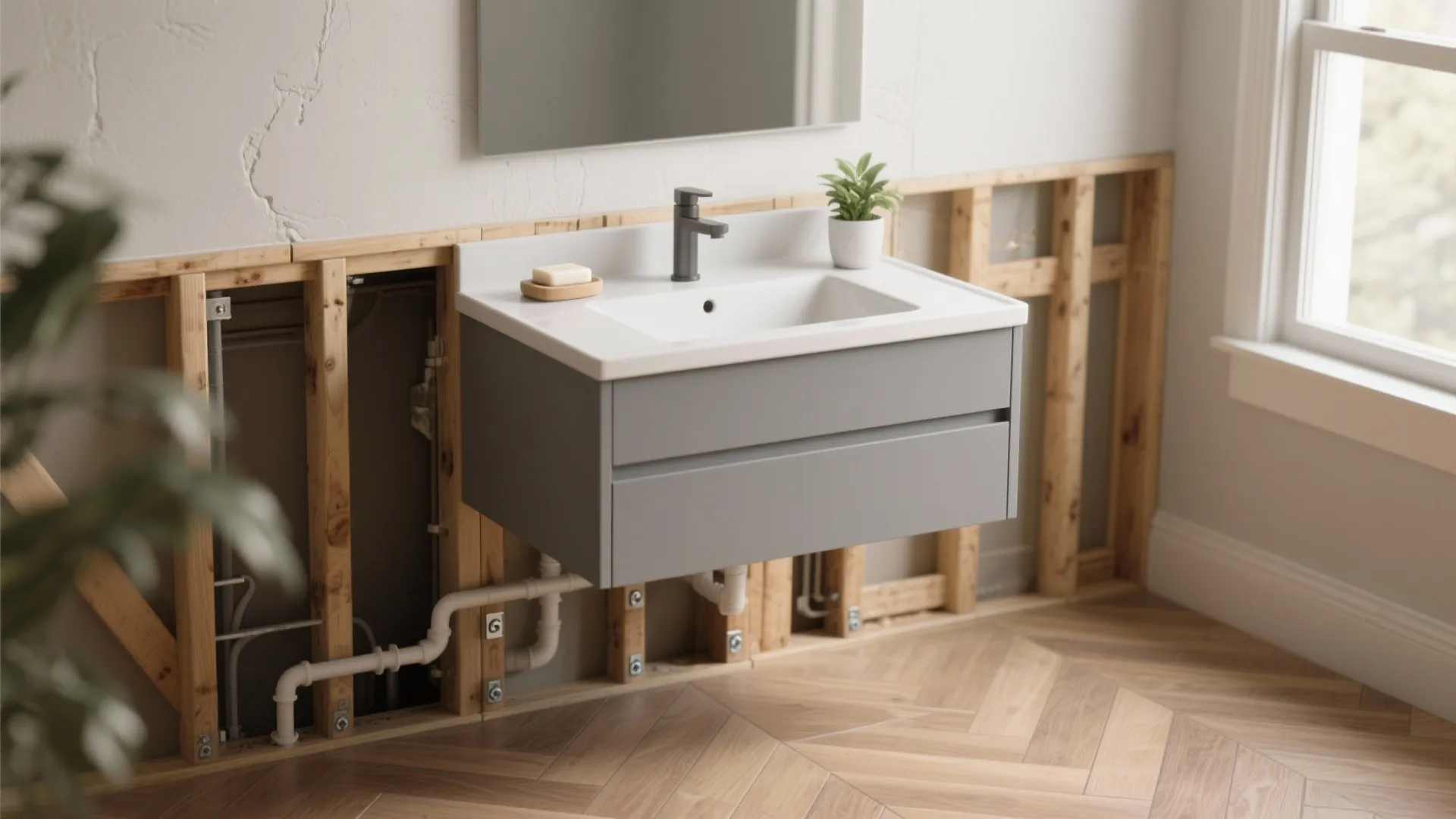 1. Floating grey vanity for visual space