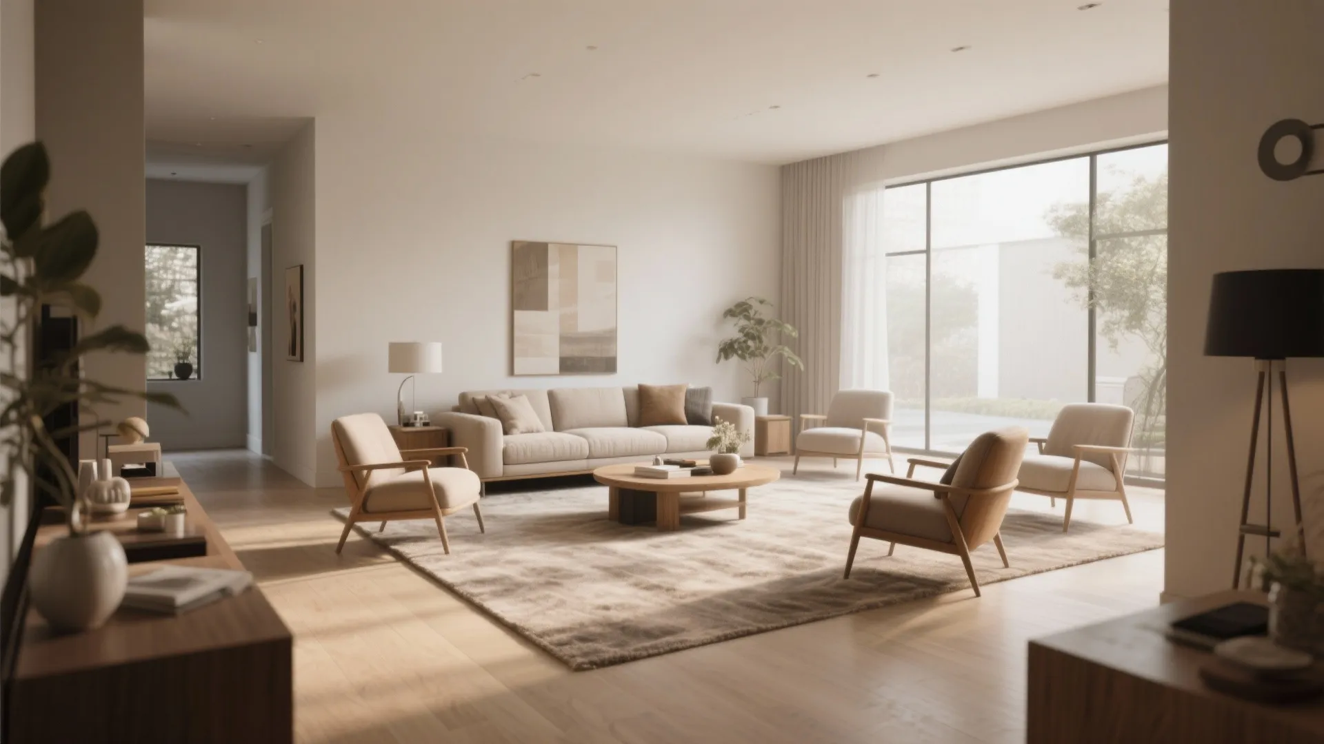 Spacious living room layout with beige sofa four armchairs wooden coffee table and large windows