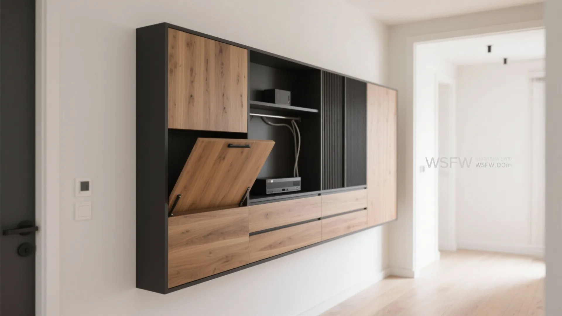 Minimalist floating showcase with hidden storage