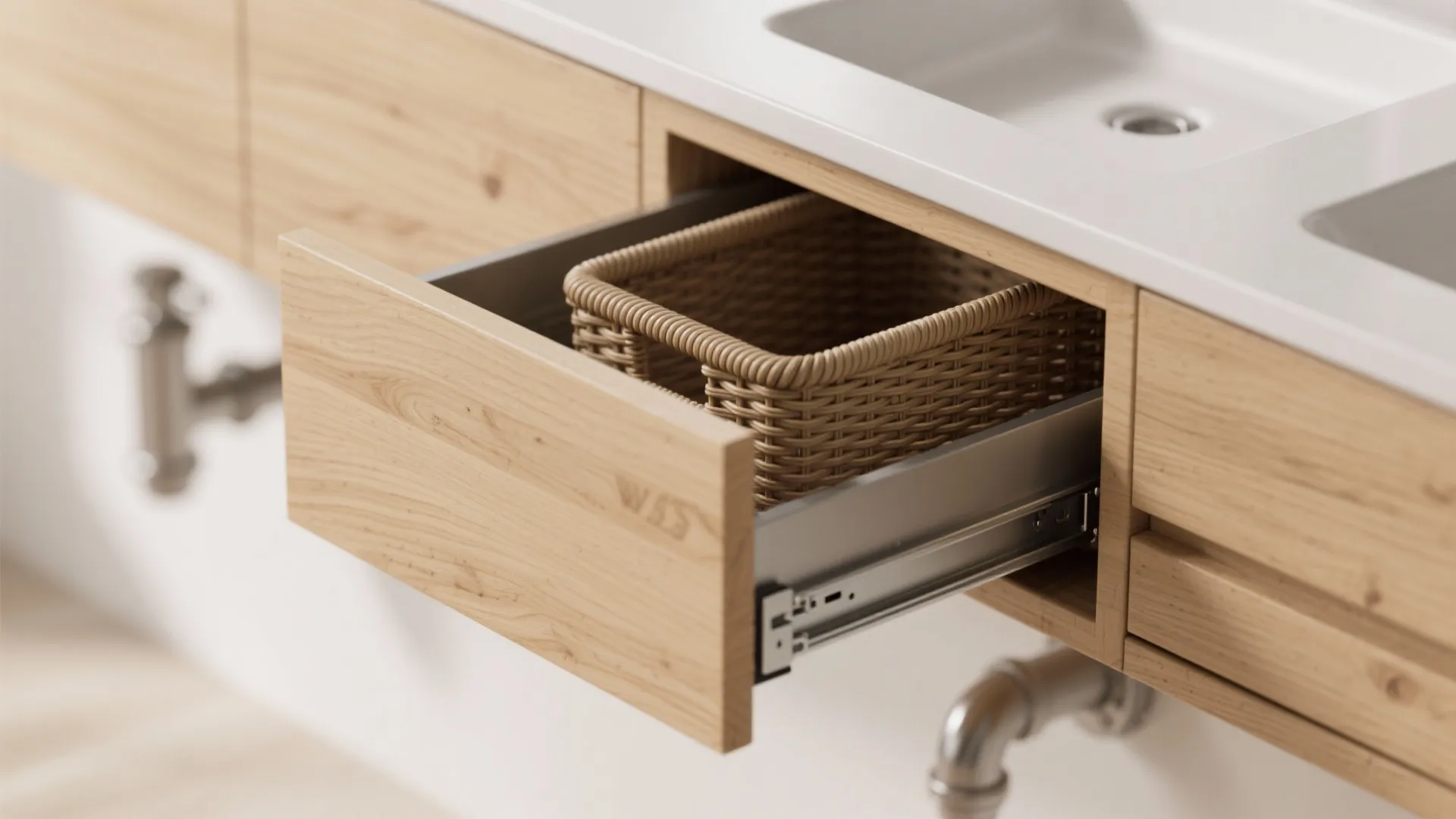 2. Floating Vanity with Hidden Hampers