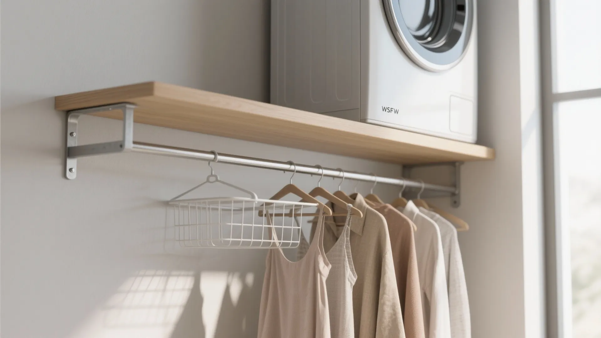 Wooden wall shelf with hanging rod holding clothes and basket next to a washing machine