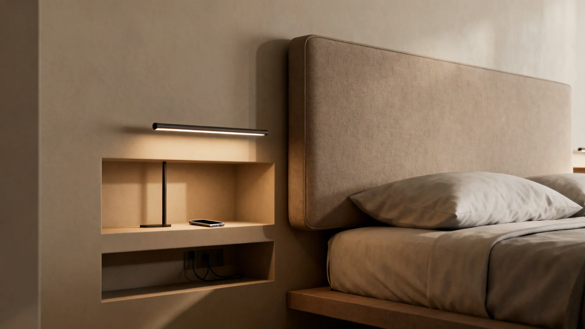 Floating headboard with recessed bedside niches holding a lamp and phone