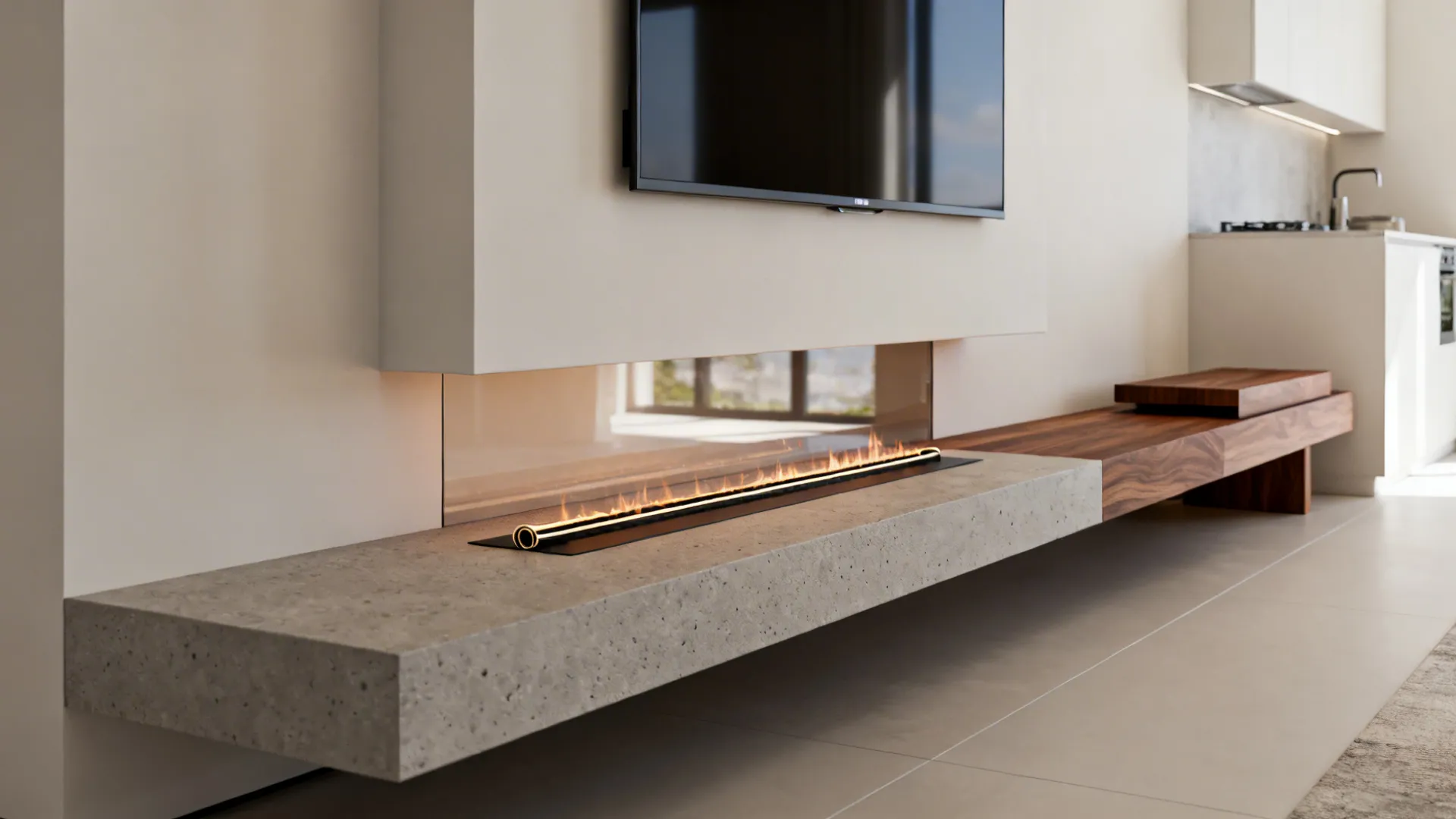 Low floating hearth and media console with ribbon electric fireplace under a TV, extending toward the kitchen.