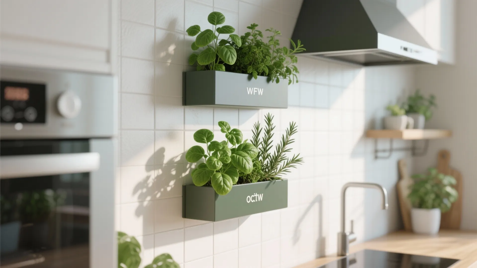 Two dark green wall planters with fresh green herbs hanging on a white tiled kitchen wall
